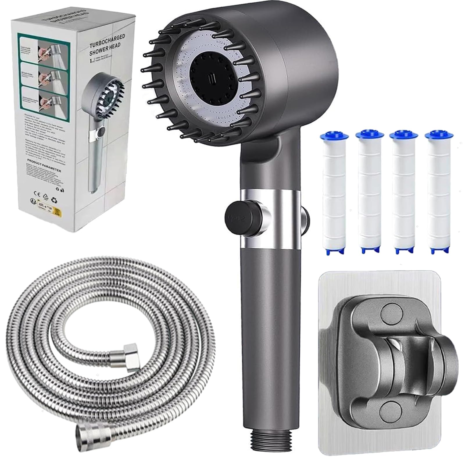 Pommeau De Douche Haute Pression Avec Filtre Anti-calcaire - 4 Modes, économie D'eau, Tuyau 1.5m Inclus - Pour Une Douche Puissante Et Agréable - 9
