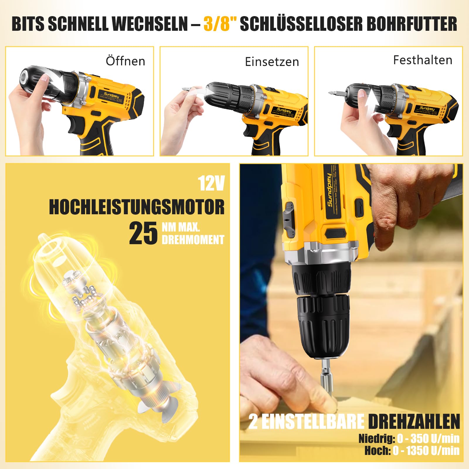 Sundpey Werkzeugkoffer Gefüllt 166tlg, 12V Akkuschrauber zum Anziehen/Lösen von Schrauben, Kompletter Werkzeugkasten für Haushalt und Heimwerker, Werkzeug-Sets für Reparaturen in Wohnung, Haus, Garten