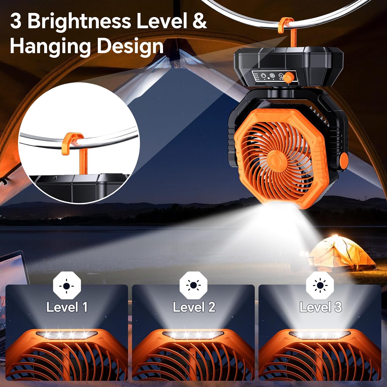 AJVV Camping Fan with Light, Remote and Oscillation, Battery Powered Hanging Tent Fan, Rechargeable Portable for Camp, Outdoor, Emergencies, Fishing, RV Travel, Jobsite