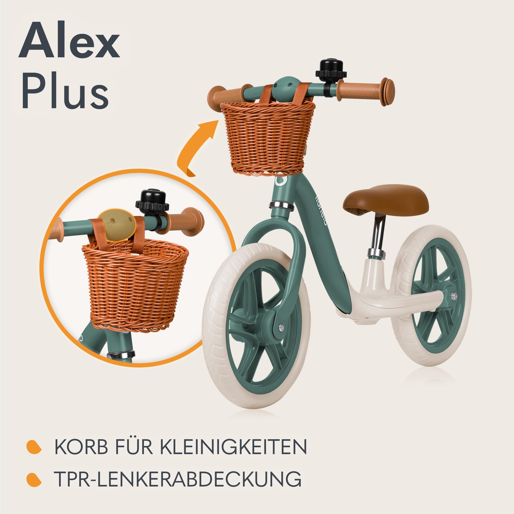 Lionelo Alex Plus Kinderlaufrad bis 30 kg, ab 3 Jahren, Eva-Schaumstoffräder 30,5 cm, Trittbrett Korb Verstellbarer Sitz und Lenker, Rutschfester Griff, Leicht 3,4 kg