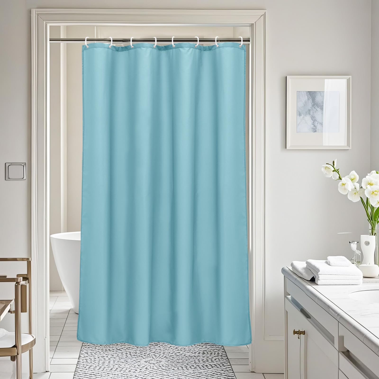 AooHome Stall Size 48x72 inch Shower Liner, Fabric Solid Color Bathroom Curtain with Hooks, Weighted Hem, Waterproof, Blue