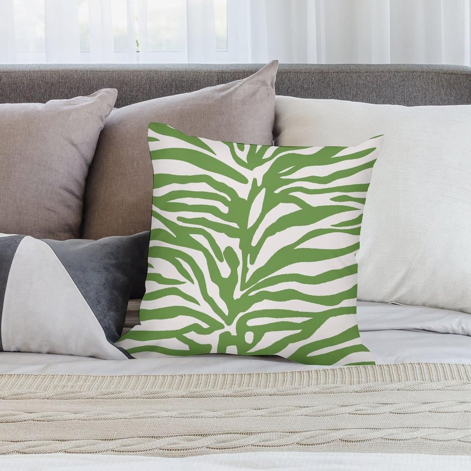 ArogGeld Zebra Animal Print Sofa Pillow Cover 24"x24" Set of 2 Tiger Print Green Cushion Cover Short Plush Chinoiserie Accent Pillow with Zipper for Office Car Chair Sofa