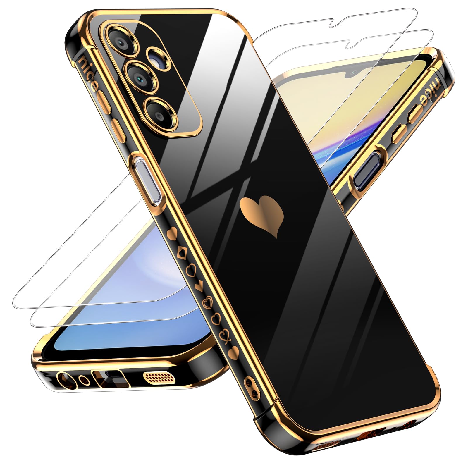 LeYi Cover per Samsung Galaxy A15 5G Custodia con Vetro Temperato [2 Pack], Amore Cuore Paraurti Morbido TPU Sottile Case con Protezione Fotocamera per Samsung A15 Donne, Nero