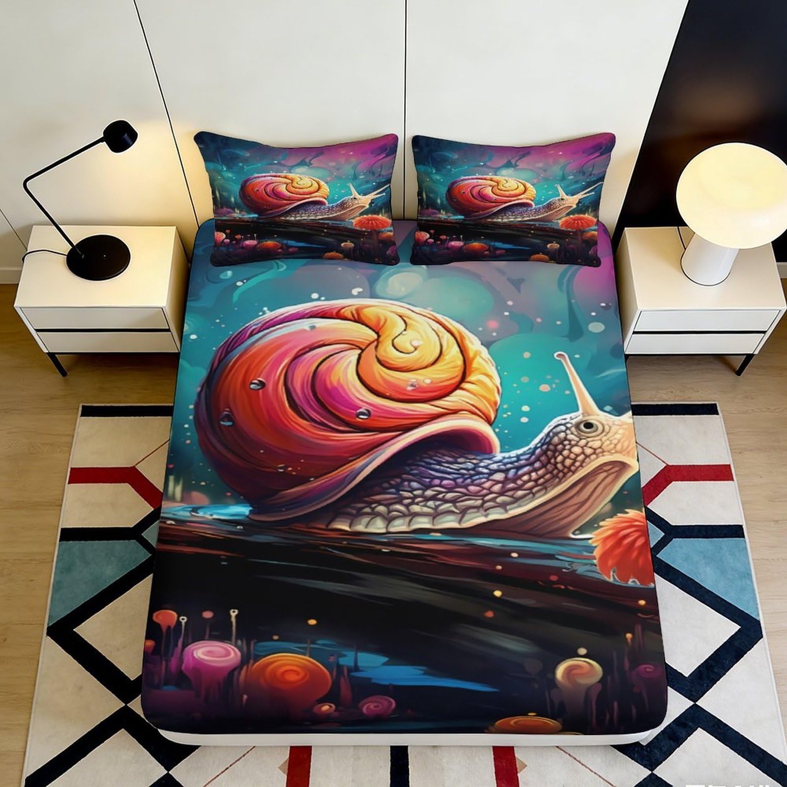 3D Printed Colorful Snail Fitted Sheet Microfiber Soft Mattress Cover Dream Forest Bed Decor for Bedroom Dorm 120x200x25cm