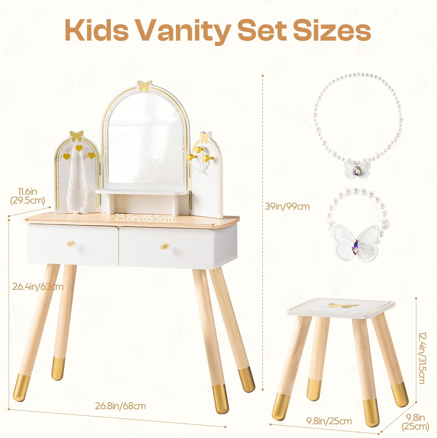 ROBUD Kids Vanity Table and Chair Set, Girls Vanity Set with Mirror, Pretend Play Kids Vanity, Makeup Dressing Table with Drawer and Accessories, Age 3+ (Platinum)