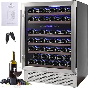 Garvee Superior Wine Refrigerator - 51 Bottle Capacity Dual Zone Cooler, Dual Zone 24" Wine Cooler,Quiet Compressor, Seamless Stainless Steel Design, Temperature Memory.