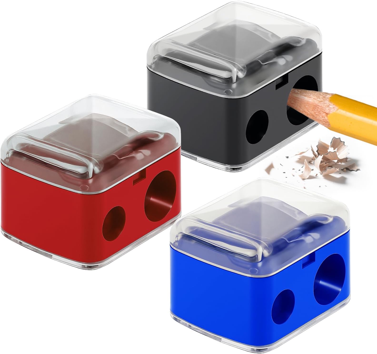 3 Pack Eyeliner Sharpeners - 2 Hole Makeup Pencil Sharpener for Large & Small Eyebrow Pencils, Eyeliners, Lip Liners - Catches Shavings, Easy to Clean (Black+Blue+Red)