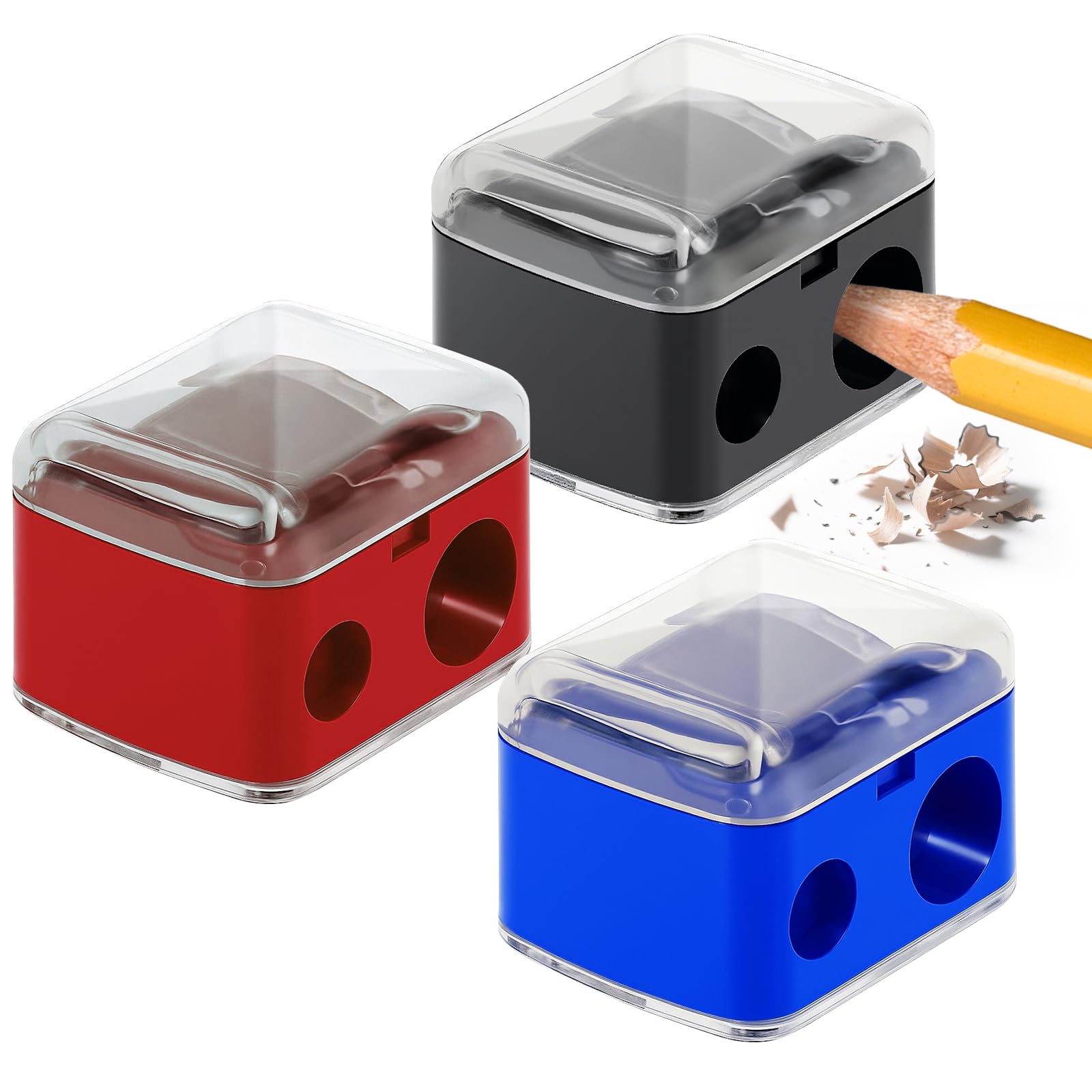 3 Pack Eyeliner Sharpeners - 2 Hole Makeup Pencil Sharpener for Large & Small Eyebrow Pencils, Eyeliners, Lip Liners - Catches Shavings, Easy to Clean (Black+Blue+Red)