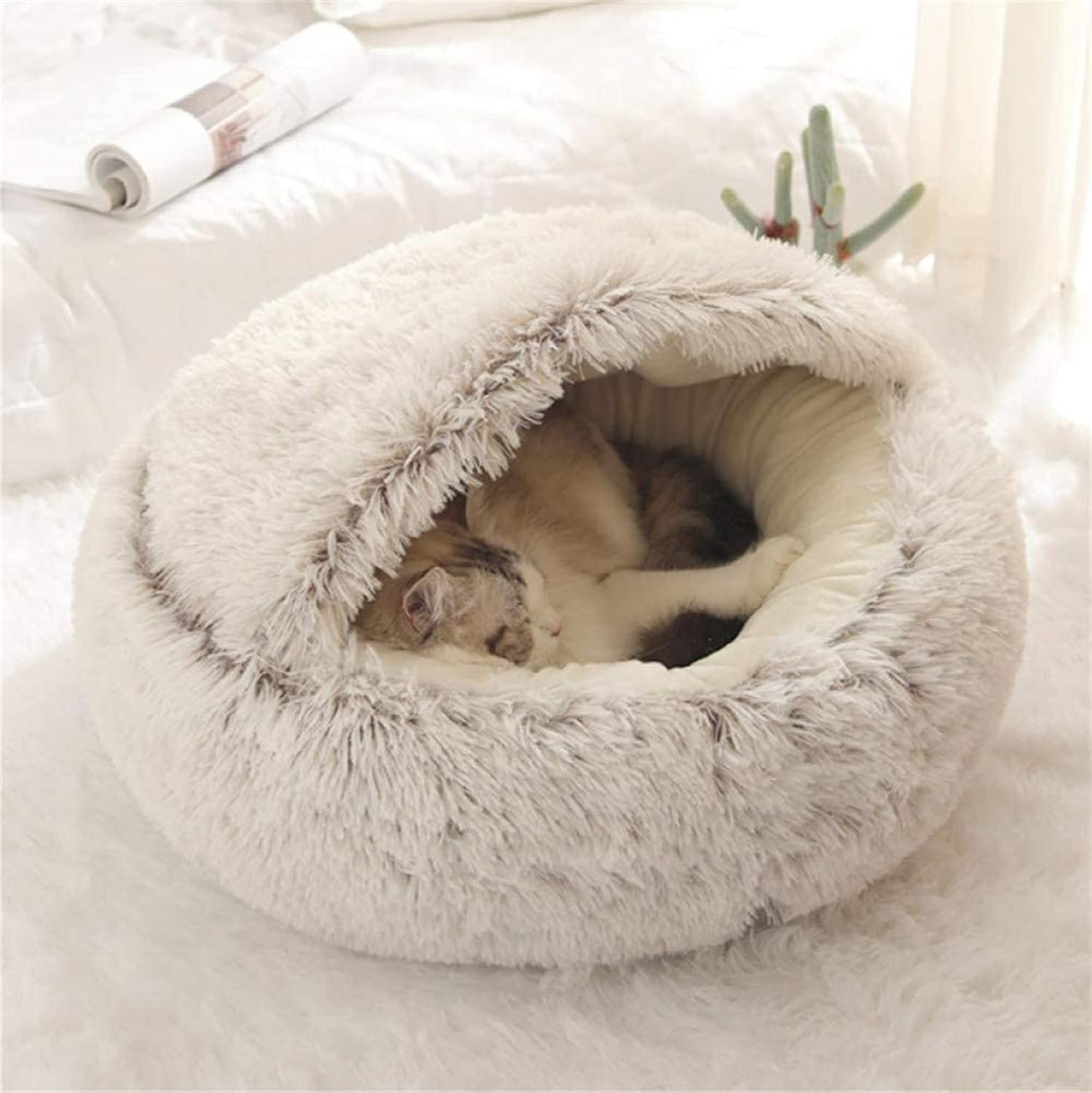 Round Cat Bed Nest Soft Fluffy Plush Burrowing Cave Hooded Cat/Small Dog Bed Pet Tent Sleeping Bed Winter Warm Anti-slip Machine Washed Premium Bed,50CM,Coffee