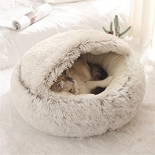 Round Cat Bed Nest Soft Fluffy Plush Burrowing Cave Hooded Cat/Small Dog Bed Pet Tent Sleeping Bed Winter Warm Anti-slip Machine Washed Premium Bed,50CM,Coffee