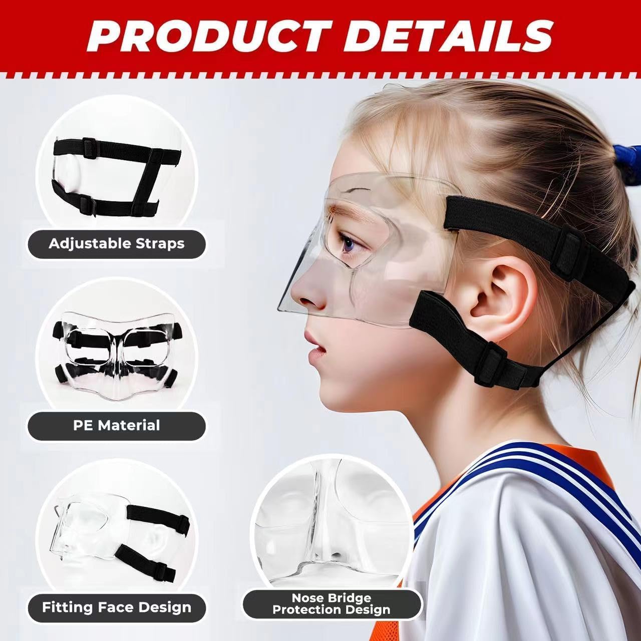 WR01A Kids Nose Guard for Broken Nose Girls Boys Adjustable Basketball Soccer Sports Face Mask with Foam Padding and Stickers for Youth Teens