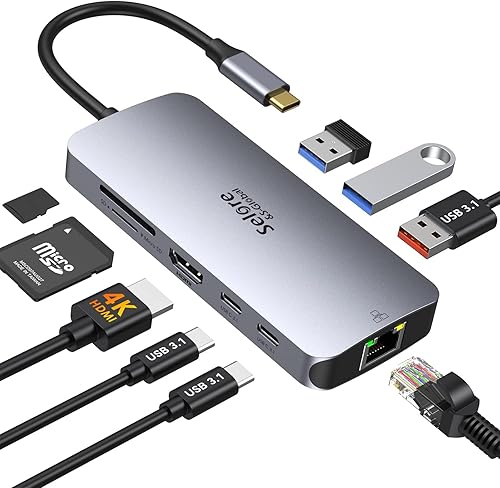 Adaptadores USB C para MacBook ProAir, Selore Hub USB C 9 en 1 con HDMI 4K, 2 puertos USB-C 3.1 GEN2 de 10 Gbps, Ethernet de 1 Gbps, puertos de