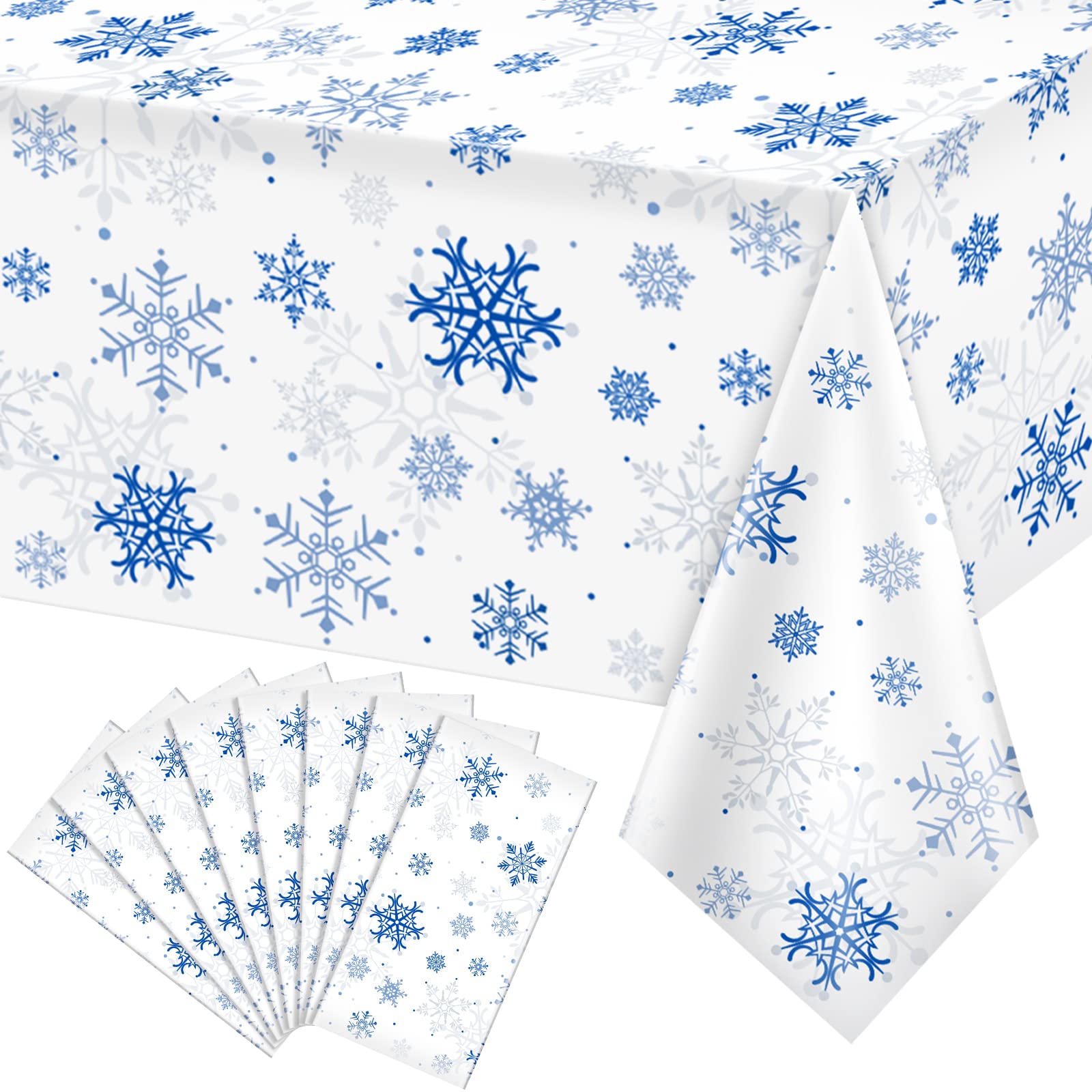 8 Pieces Snowflake Christmas Party Tablecloth Decorations,Plastic White Snowflake White Blue Xmas Backdrop Sign Table Cover Banner for Winter Christmas Holiday Party Supplies,54x108 inch（White/Blue）