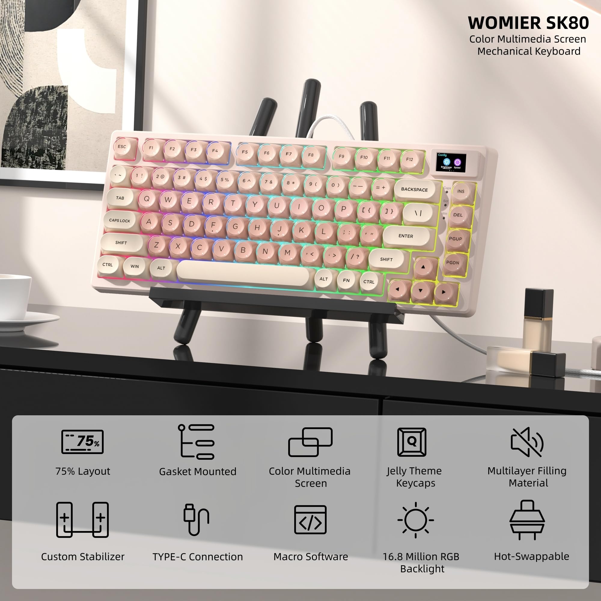 Womier Tastiera meccanica SK80 75% Foundation con display multimediale | Jelly Keycaps - Tastiere color crema per gaming, con cavo RGB e interruttore POM pre-lubrificato per Mac/Win, rosa