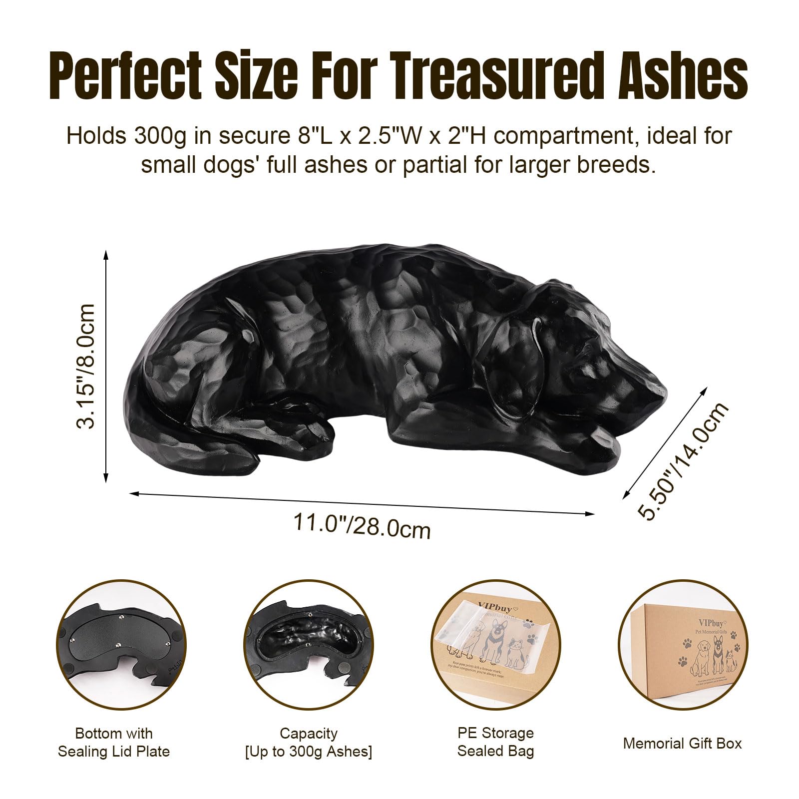 Regalo commemorativo per cani - Urna per ceneri in resina scolpita, regalo di simpatia per la perdita di un cane, ricordo commemorativo per animali domestici (Nero)