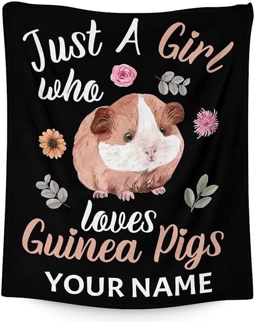 Personalized Guinea Pig Blanket Gifts with Name - 40x50 Inches Cute Throw for Girls - Black Soft Fuzzy Blankets for Bed, Couch & Living Room