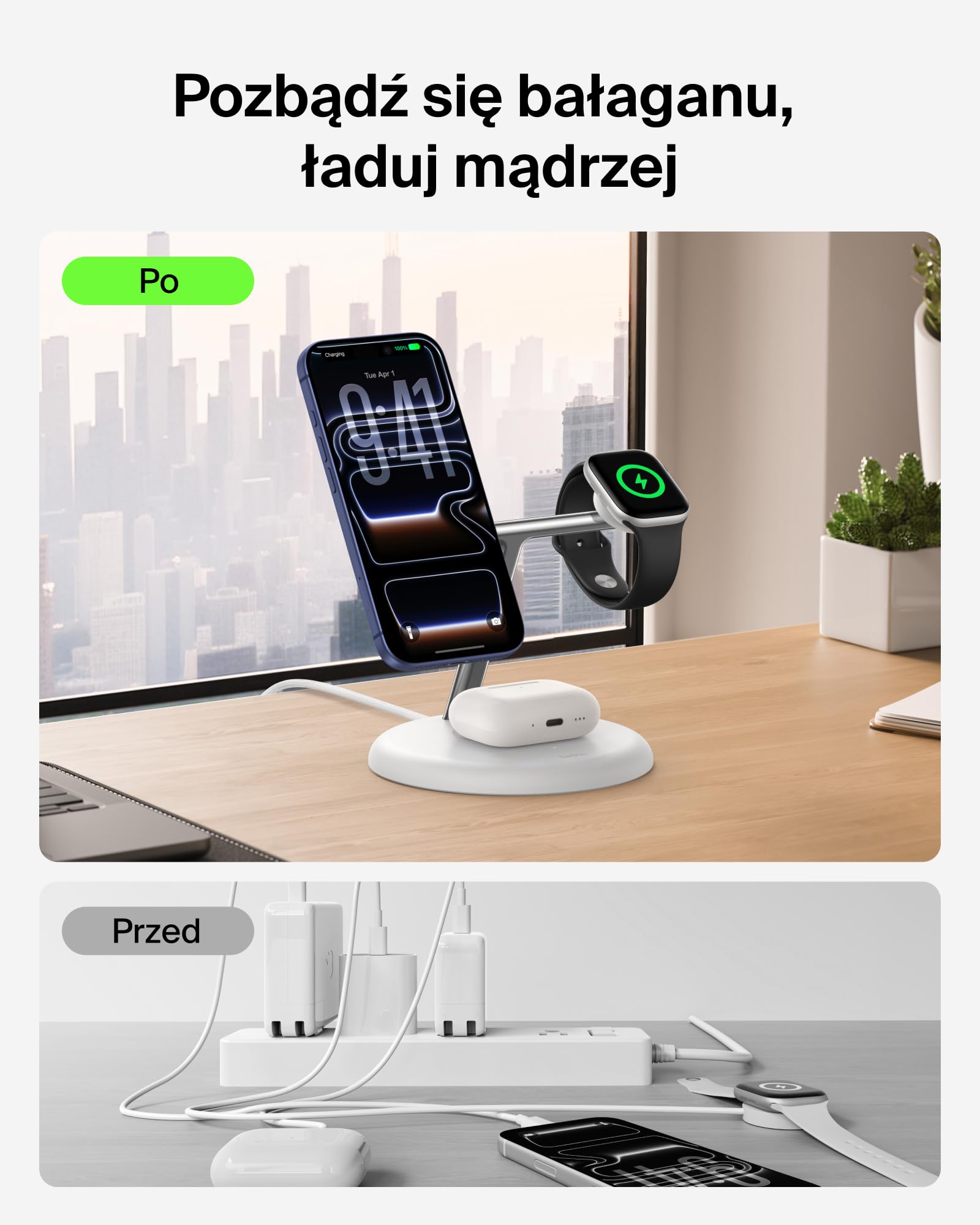Belkin UltraCharge Bezprzewodowa Stacja Ładująca 3 w 1 z Qi2, 25 W – Biała | Zgodna z MagSafe Ładowarka do Urządzeń iPhone, Apple Watch i Słuchawek, Certyfikat Qi2.2, z Kablem USB-C i Zasilaczem 45 W