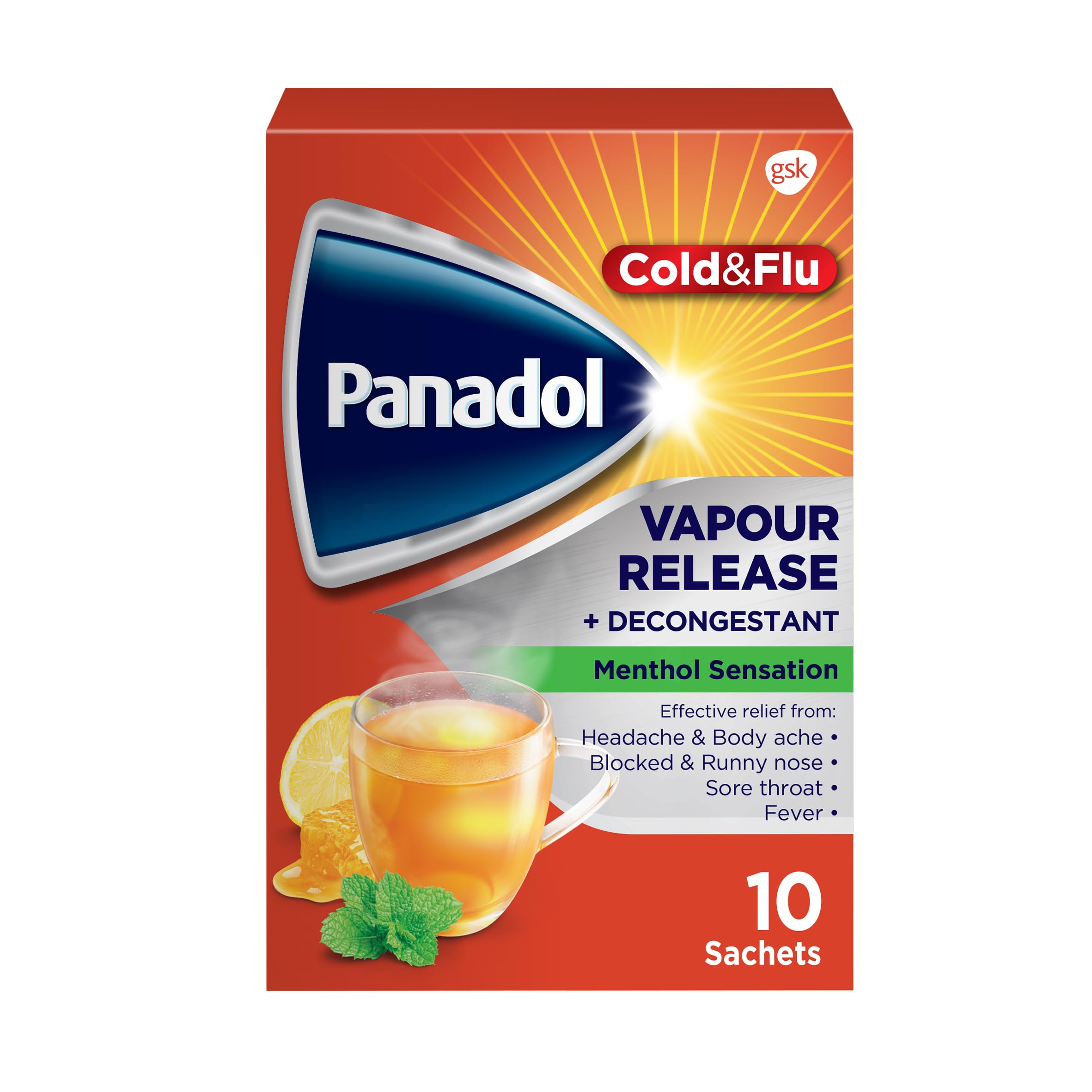 Panadol Cold and Flu Vapour Release and Decongestant Sachets for Fast Relief of Cold Symptoms 10-Sachets