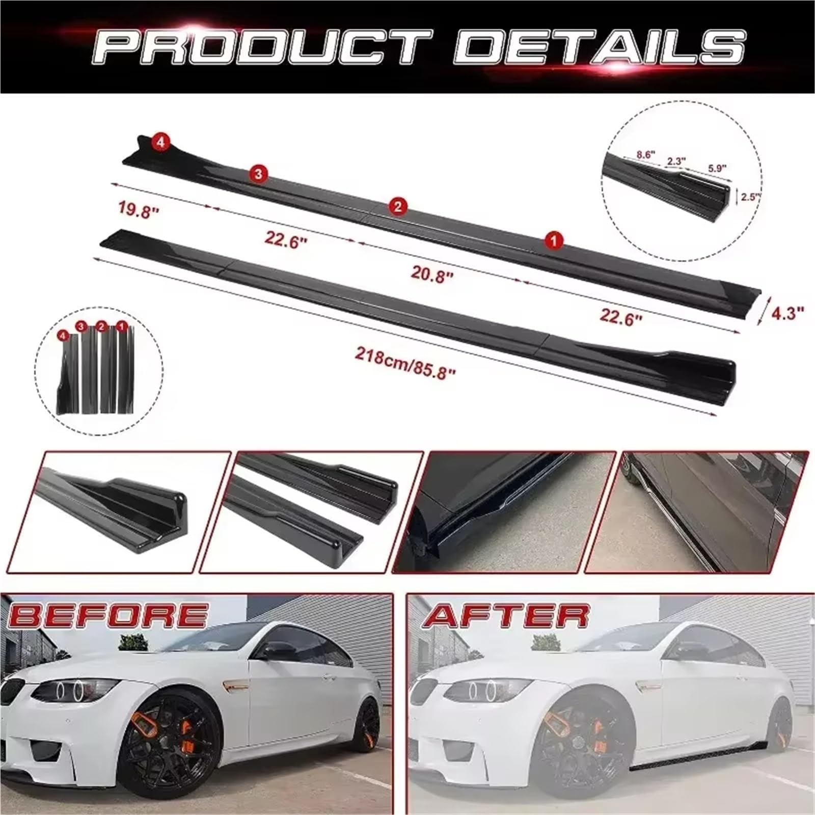 Aufsatz Seitenschweller Für 8-teilige 2,2 M Universal-Seitenschwellerverlängerung Rocker Plate Lip Separator Bumper Auto-Seitenschweller