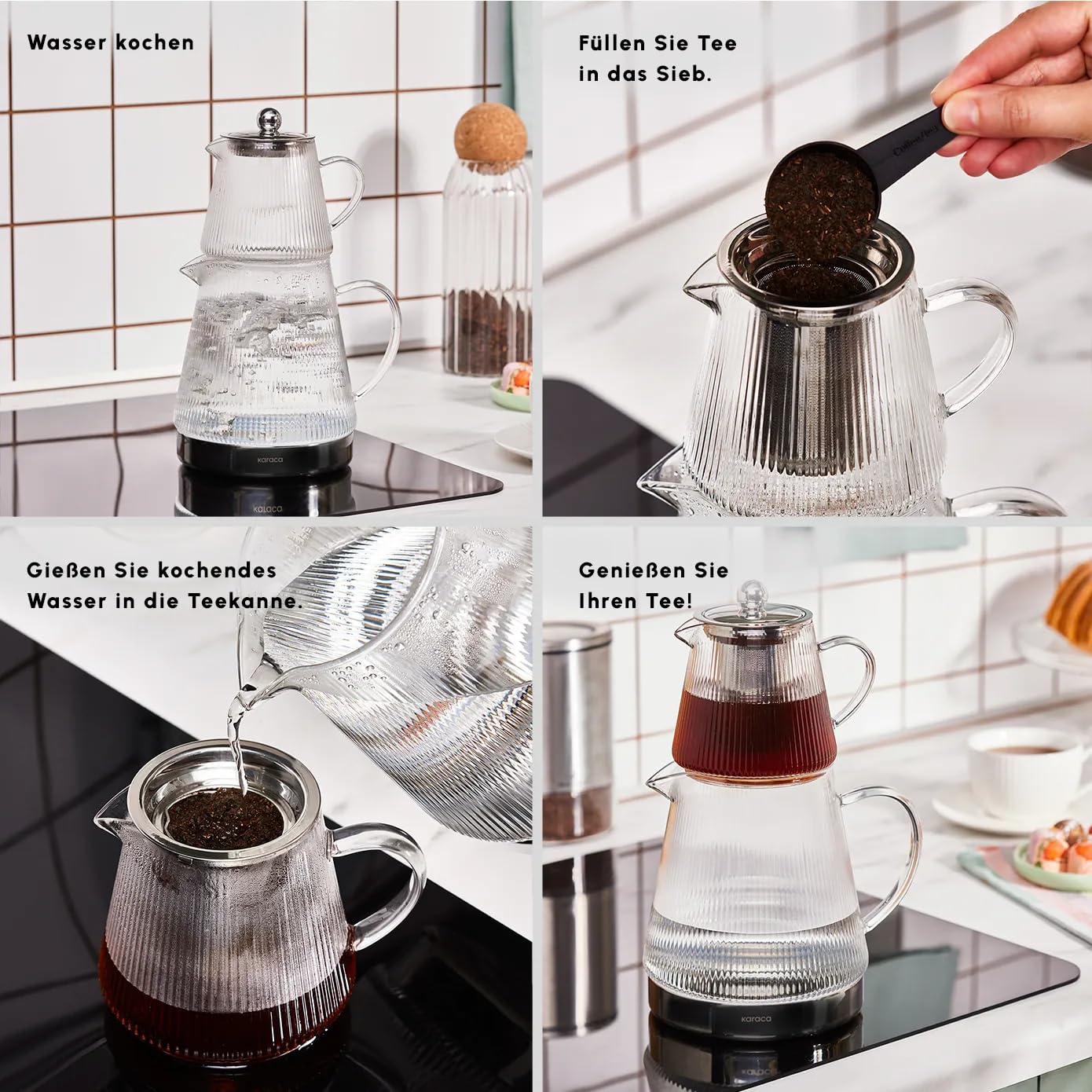 Karaca Keops Borosilikatglas Teekannen-Set mit Edelstahl-Teesieb, 1,5 L Kessel & 0,45 L Glas Teekanne mit Sieb, Turkish Tea Pot, Caydanlik, Türkischer Teebereiter für Kräutertee, losen Tee