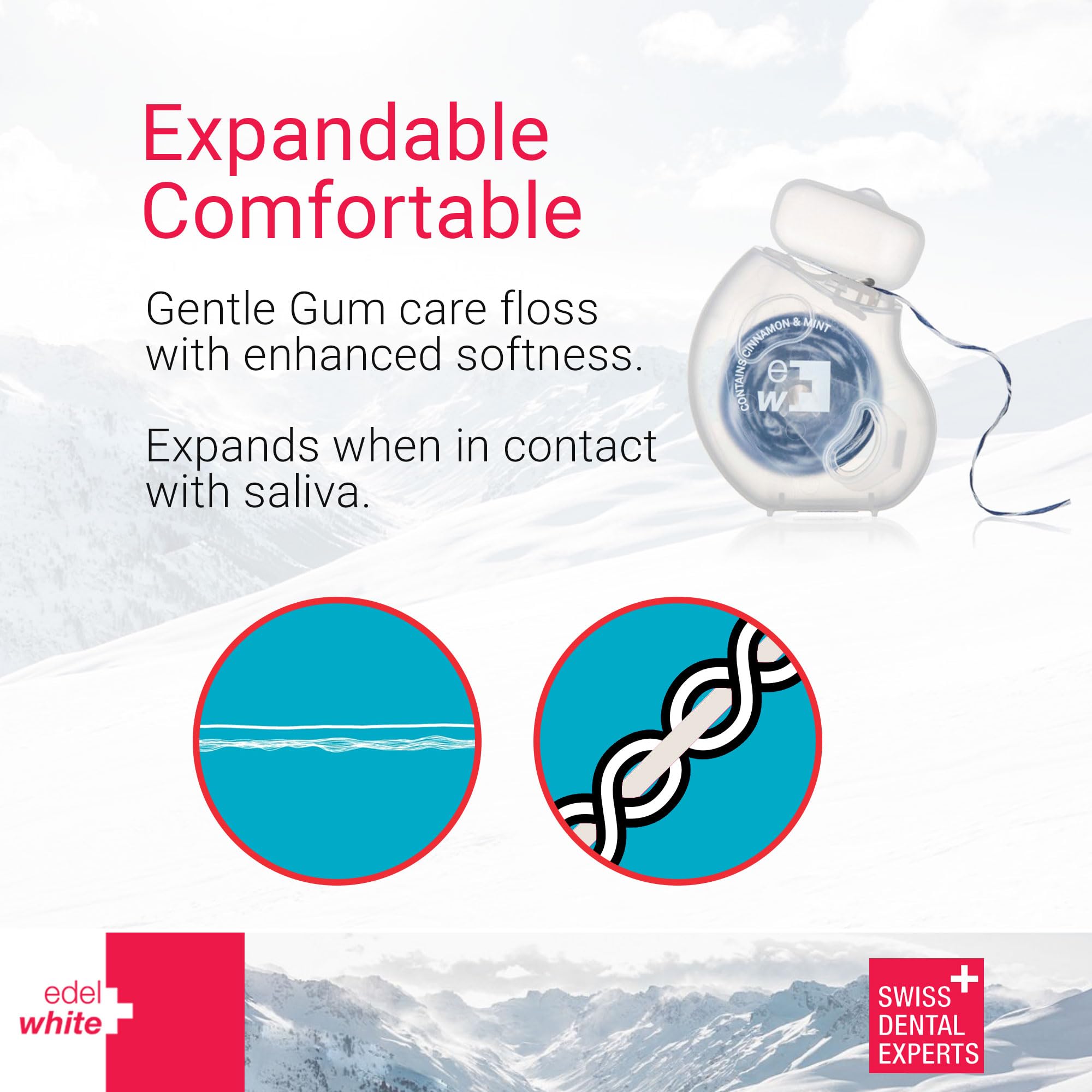 edel+white Gentle Gum Care Soft Woven Dental Floss, Minty Cinnamon Flavored Dental Floss | Woven Cushioned Comfort Floss for Sensitive Gums | Expanding & Cushioned Flossing - 38.3ft Total Length