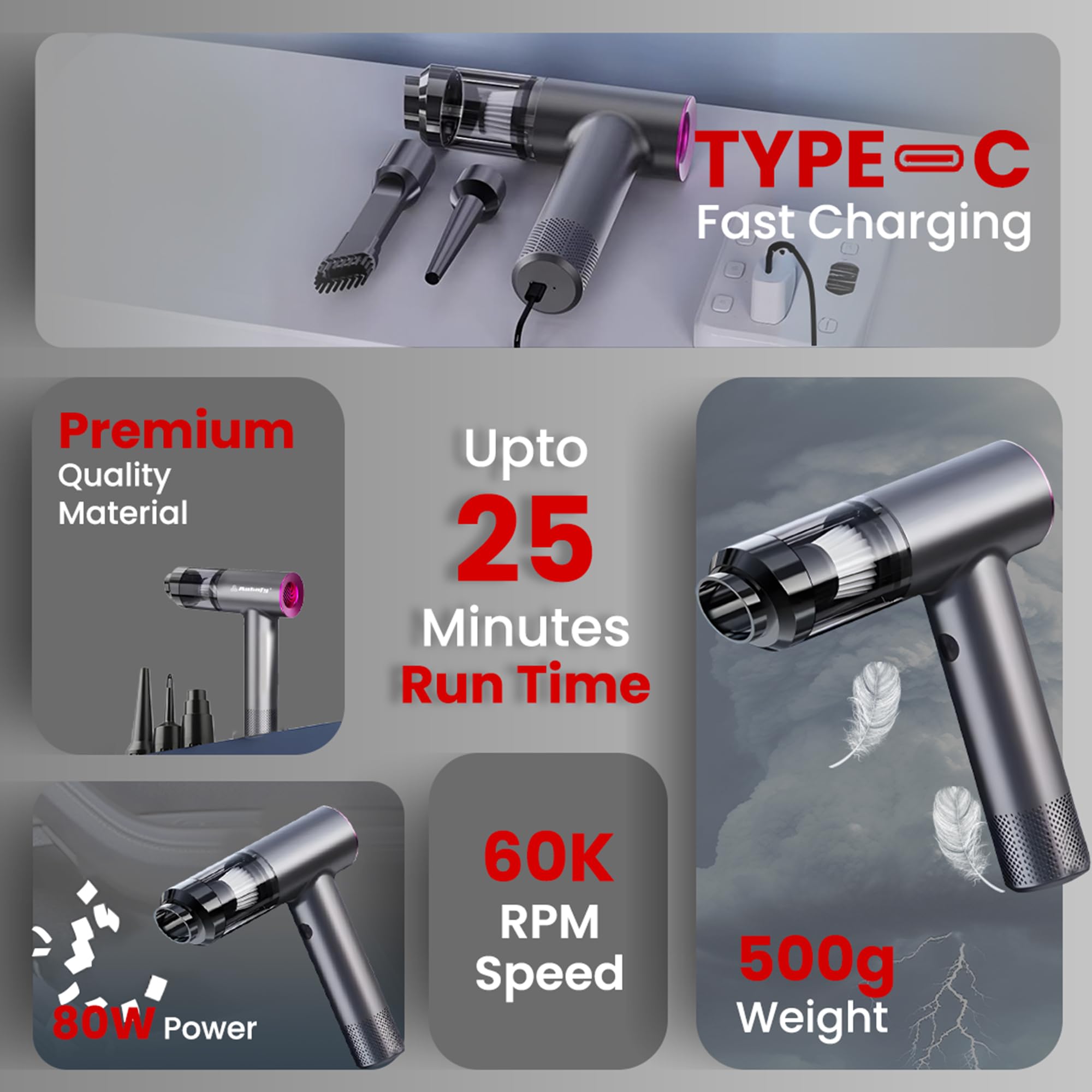 Autofy Storm 1 [4-in-1] Powerful & Fully Wireless Car Vacuum Cleaner Air Blower - 12000PA 2.5X More Suction Power - BLDC Long Life Motor - 2 Suction Speeds - 25 mins Runtime (24 Months Warranty) - Image 3 thumbnail