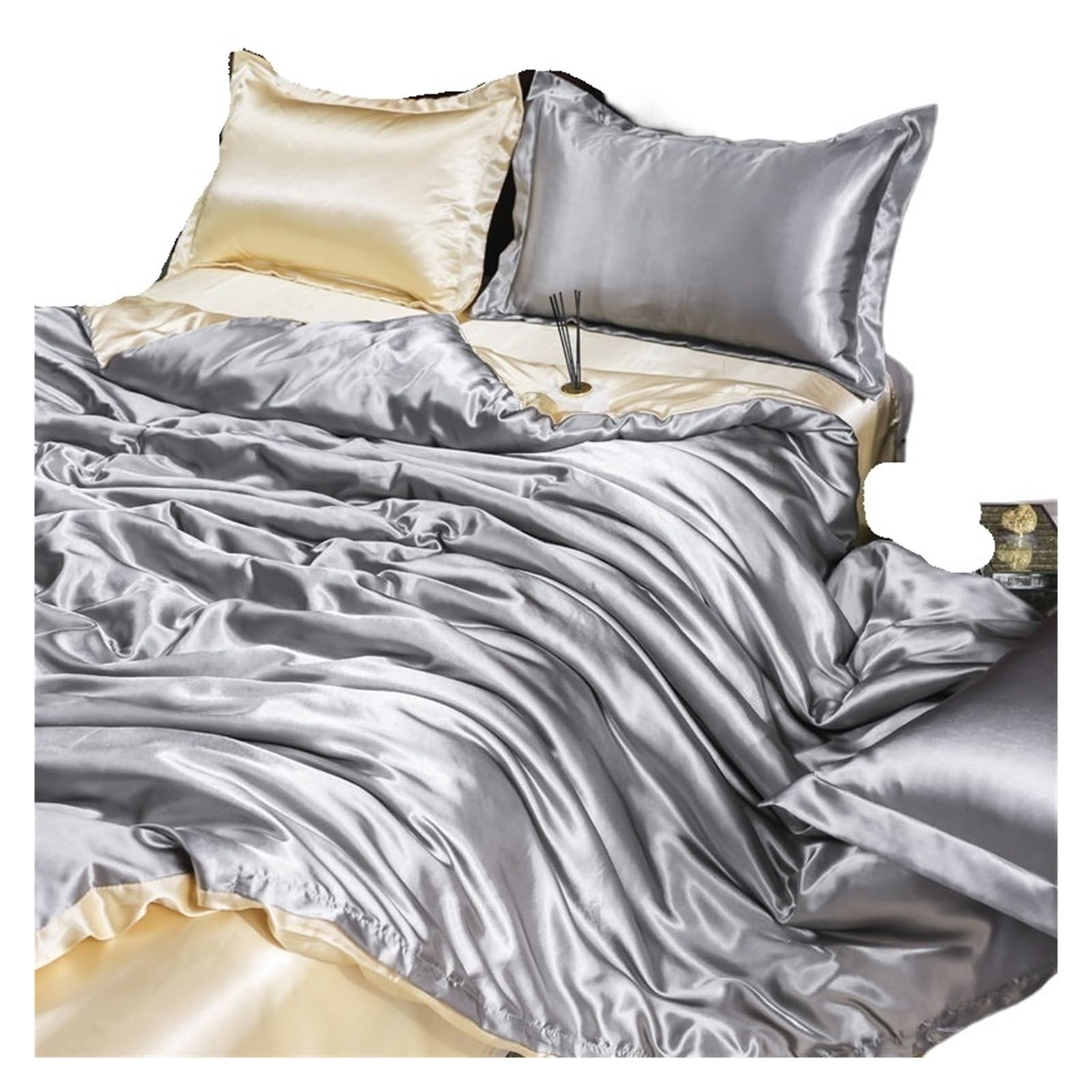 UALXPAO silk bedding Silk Bedding Set Satin Silky Duvet Cover With Pillowcase Home Textiles Solid Color Bed Sets(Color B,220x240cm-4pc set)
