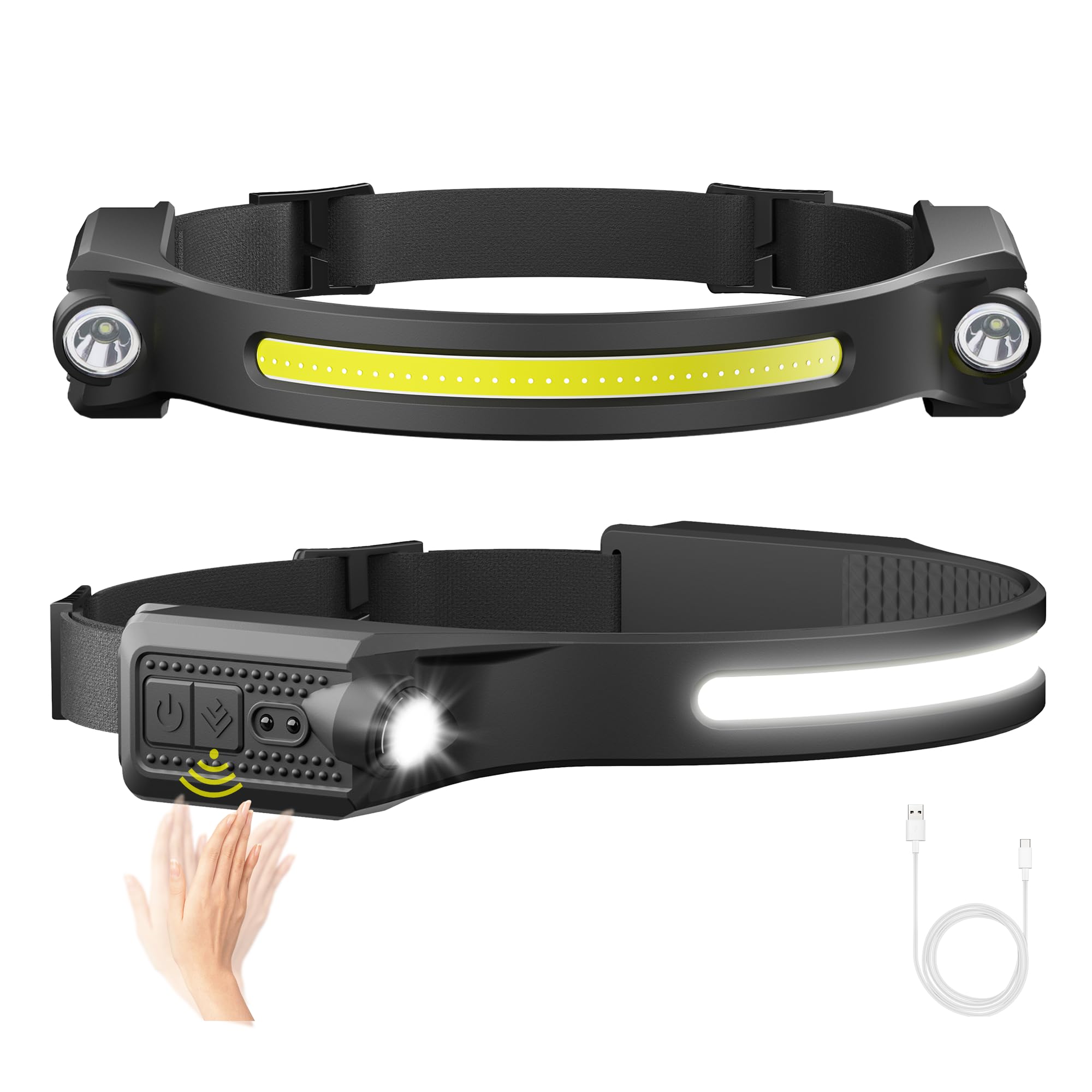 AlpsWolf LED Headlamp Rechargeable, 2 XPE LED and COB LED Head Lamp, Sensor Mode, 260° Wide Beam, IPX4 Waterproof, Rechargeable Headlight for Camping Accessories (2 Pack)