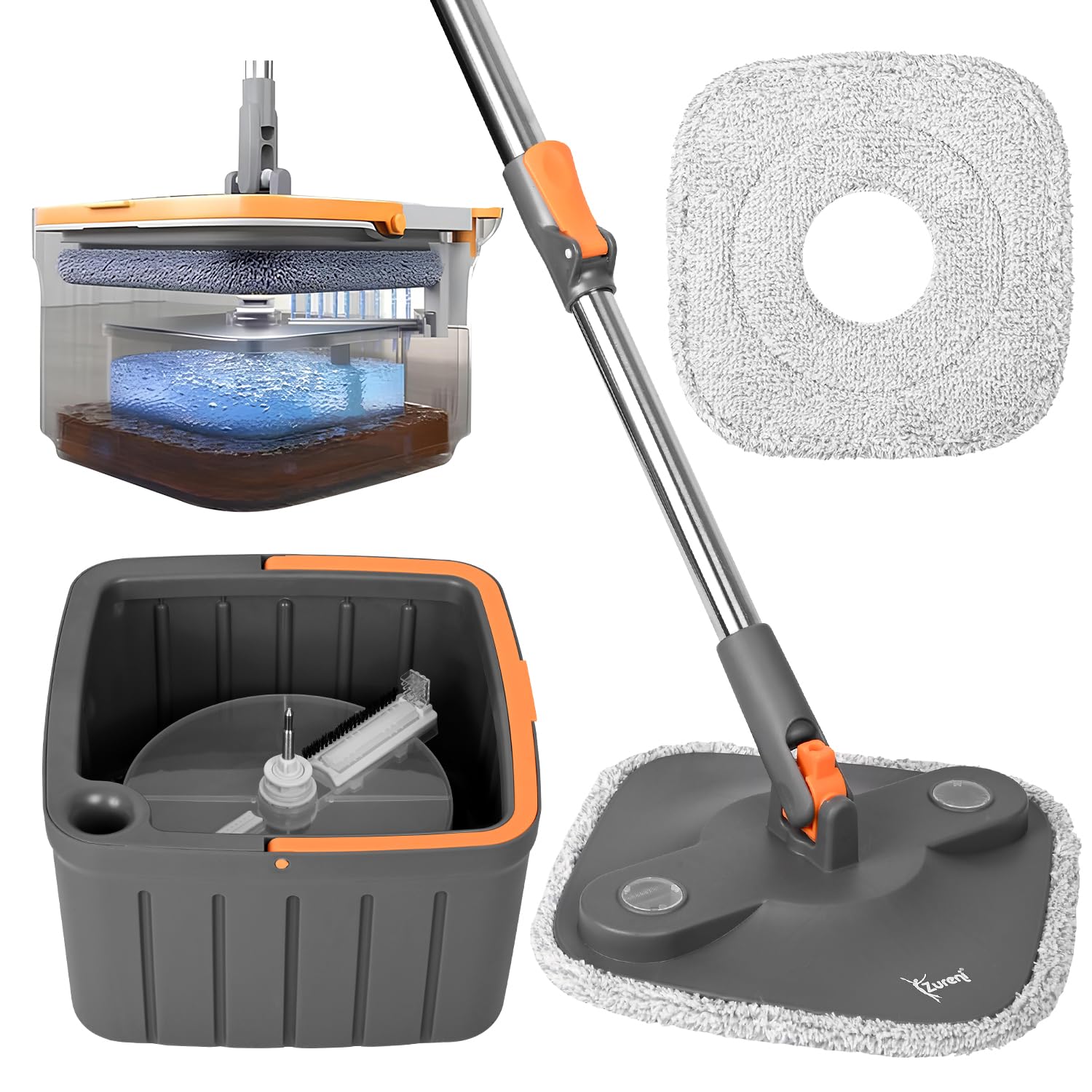 Zureni Juego de trapeador húmedo y seco, cabezal cuadrado giratorio de 360° con mango extensible y 2 almohadillas reemplazables, autoseparación, agua limpia y sucia para azulejos de madera dura