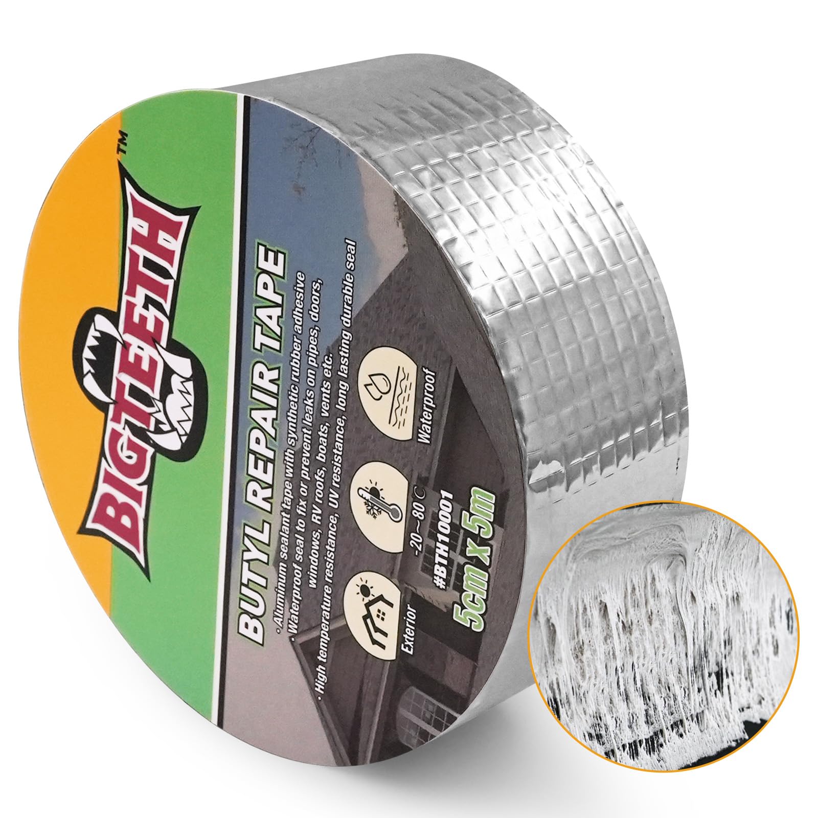 Bigteeth Butyl Tape - Waterproof Sealing Tape, Heavy Duty Aluminium Foil Tape, Waterproof Tape For Leaks, Rv Repair, Window, Roofing, Glass & Edpm Roof Leak Patching, Boat And Pipe Sealing(50Mm X 5M)