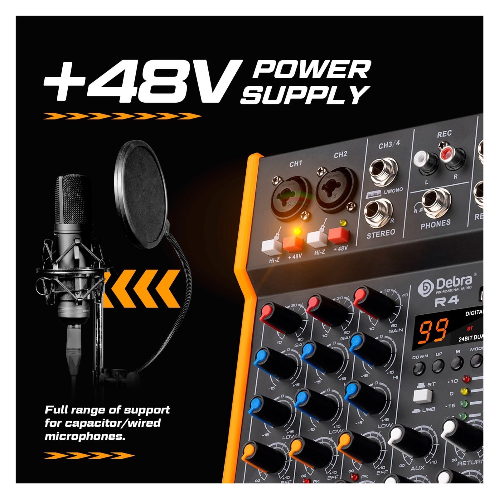 Mikser audio, OTG Metalowy Mikser DJ Konsola Mini4 Z Bluetooth 48V Power Delay Repaeat Efekt Do Miksowania Dźwięku Nagrywania PC Do studia karaoke(R4 4 Channel)