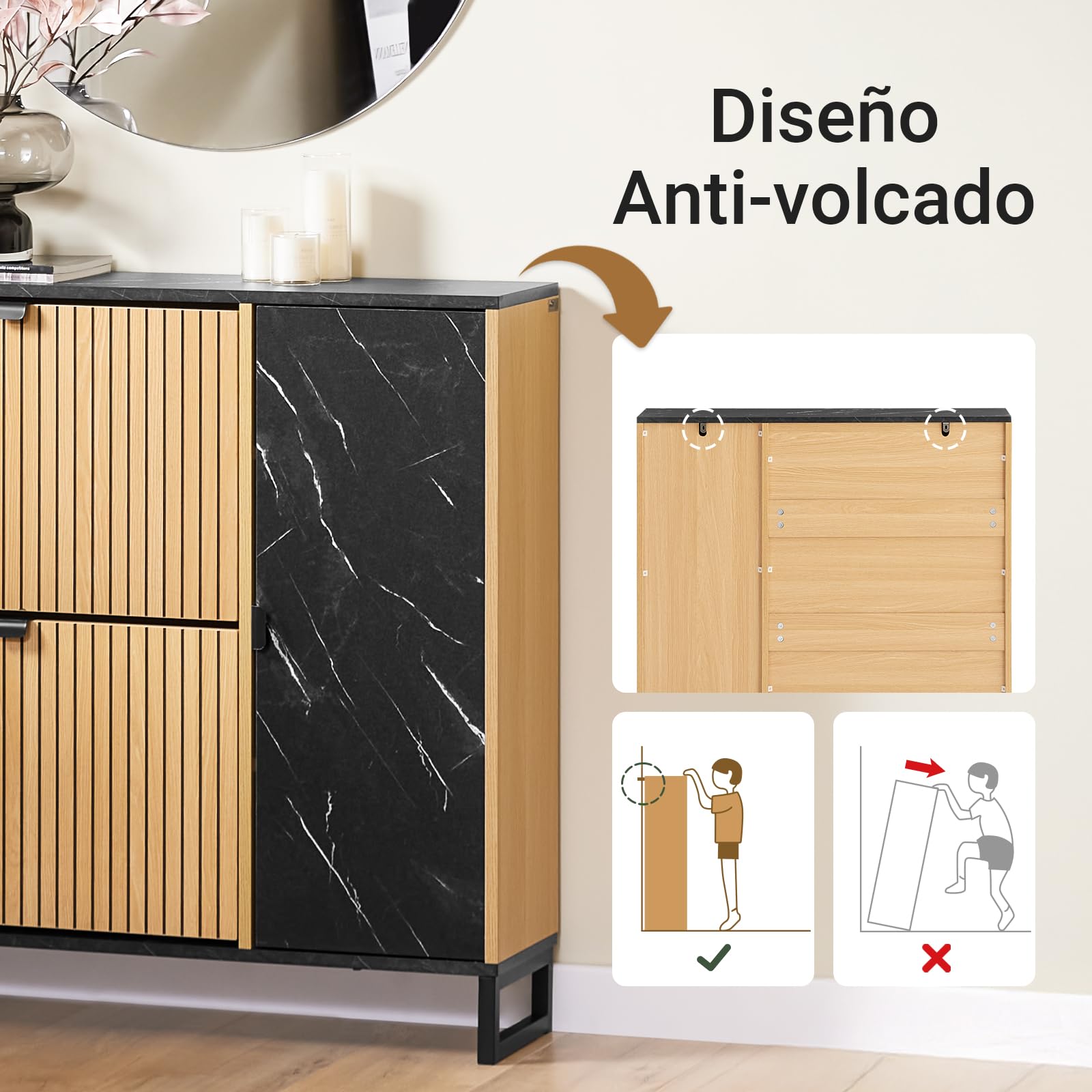 SoBuy Zapatero Entrada Recibidor Estrecho con Cajones Abatibles y Armario Lateral, Mueble Recibidor Estilo Nórdico, Ahorra Espacio - Negro y Roble Claro, 90x24x88cm, Carga 60KG - FSR203-N