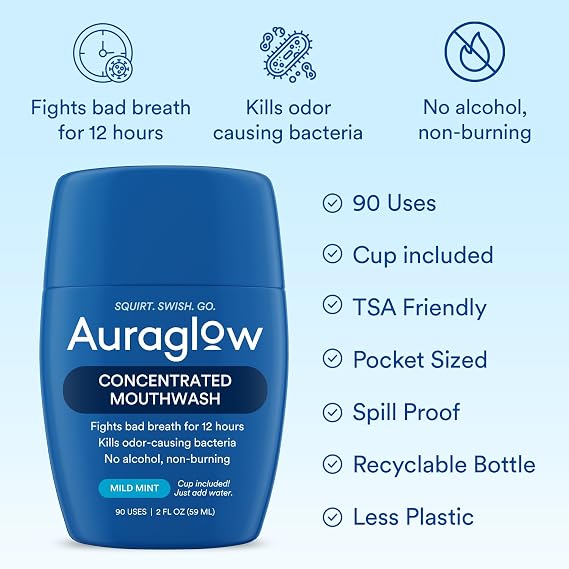 Auraglow Mouthwash Concentrate, 90 Uses, Alcohol-Free Formula, Travel Size, Includes Cup Just add Water, Fights Bad Breath for 12 Hours, Kills Odor-Causing Bacteria, Non Burning, 2 Fl Oz