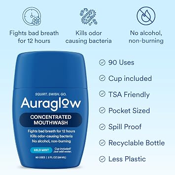 Auraglow Mouthwash Concentrate, 90 Uses, Alcohol-Free Formula, Travel Size, Includes Cup Just add Water, Fights Bad Breath for 12 Hours, Kills Odor-Causing Bacteria, Non Burning, 2 Fl Oz
