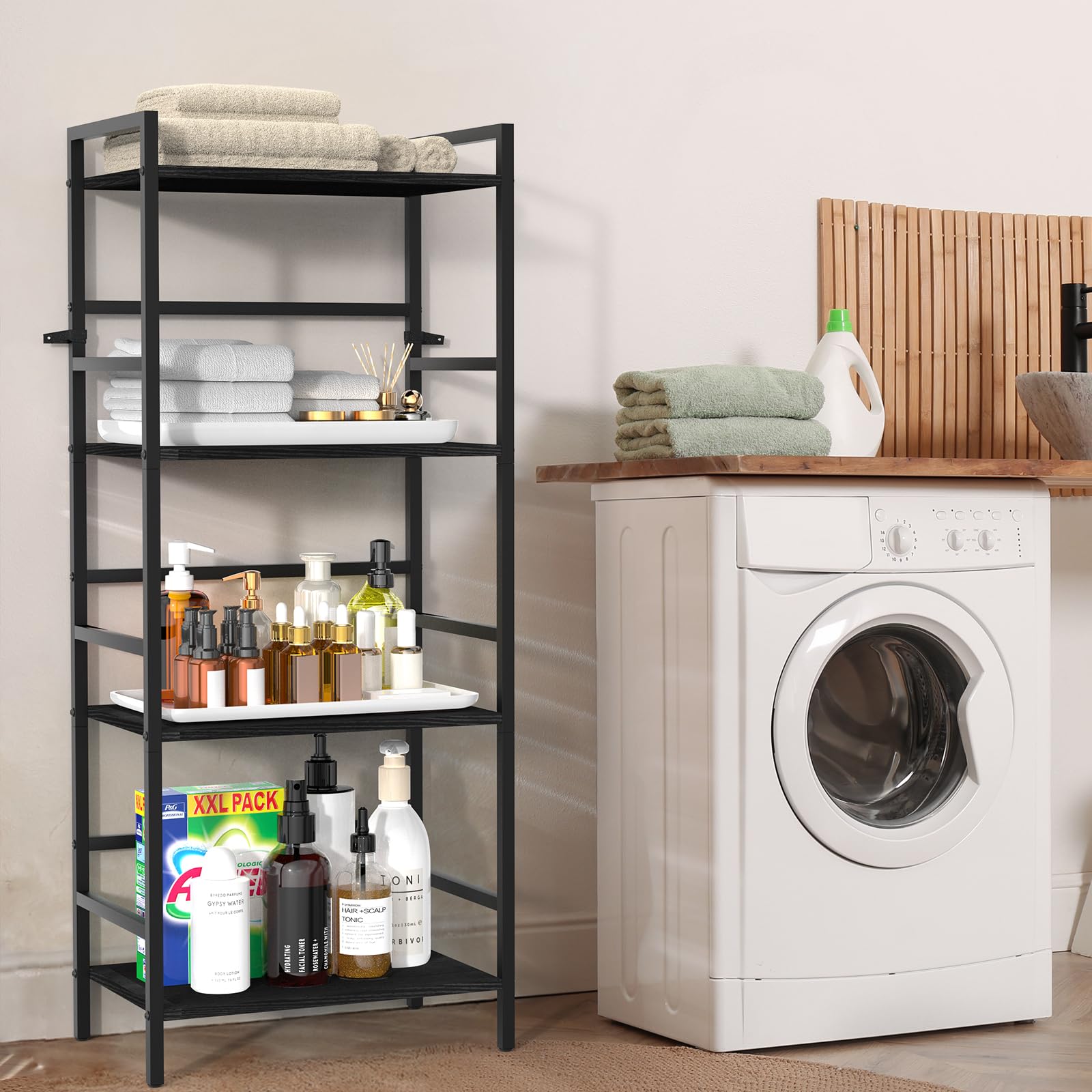 CADUKE 4-stufig Bücherregal, Standregal mit Holzablagen, Schwarzes Küchenregal, Industrielles Aufbewahrungsregal für Wohnzimmer, Büro, Schlafzimmer, 43 x 28 x 102 cm