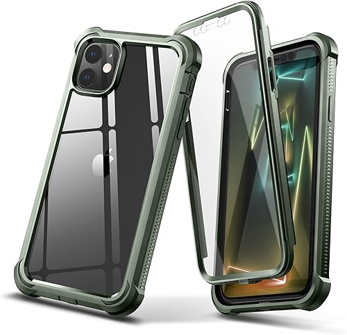 Dexnor Funda para iPhone 11 con protector de pantalla, transparente, resistente 360, cuerpo completo, a prueba de golpes, parte trasera dura, doble