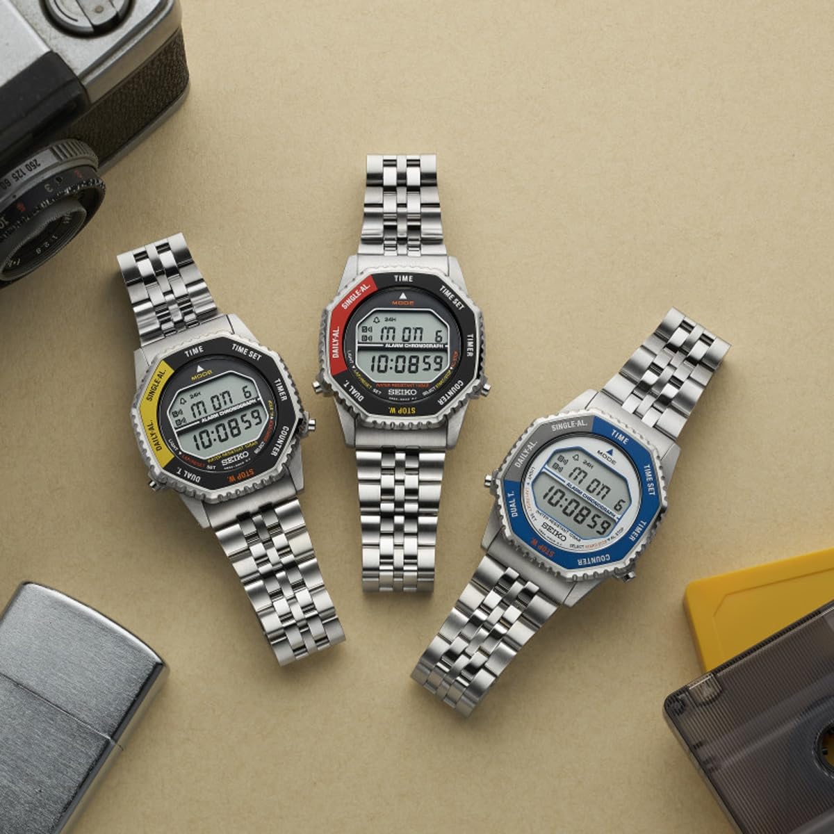 Seiko SMGG19P1 męski zegarek cyfrowy z czarną i czerwoną tarczą i srebrnym paskiem