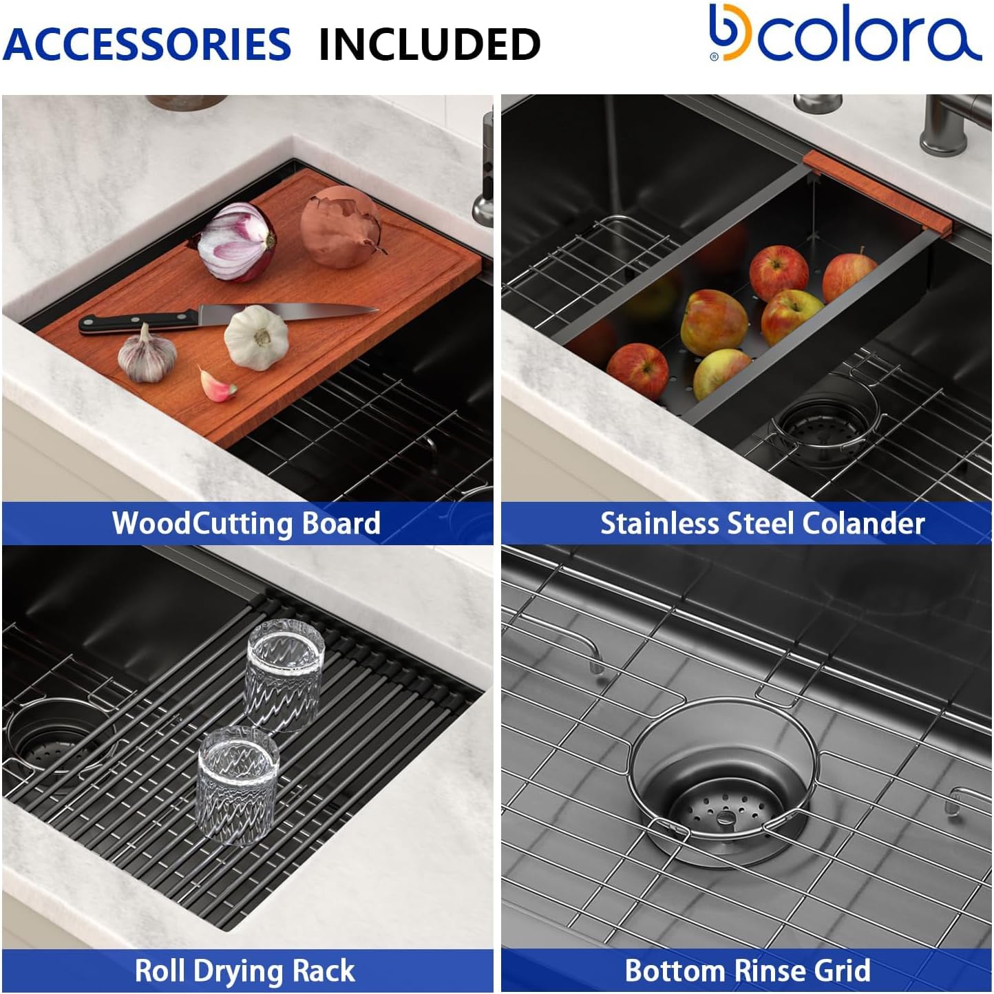 Dcolora 33" Black Undermount Kitchen Sink Workstation NANO-PVD Kitchen Sinks with Ledge Round Corner 16 Gauge Stainless Steel Single Bowl Basin, Gunmetal Black 33"x19’x10", DC-U7706