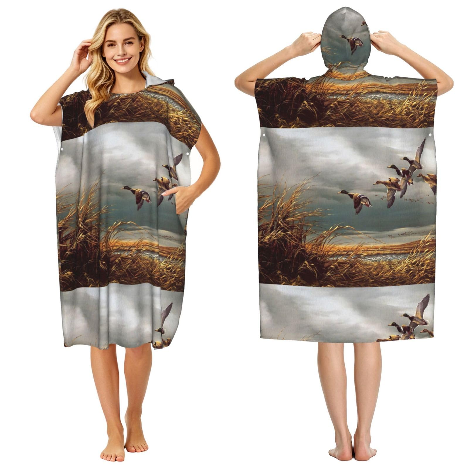 Poadnly Hunting Flying Wild Ducks, Adult Hooded Beach Towel 90 x 110 cm,Changing Bath Robe, Surf Poncho Towel For Women Men