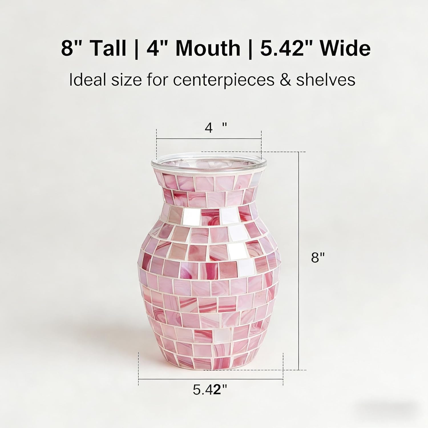 Pink Mosaic Glass Vase, 8 Inch Handmade Flower Vase for Home Decor, Modern Decorative Glass Vase for Table Centerpiece, Shelf, Bookshelf, Living Room, Dining Table, Wedding Decoration