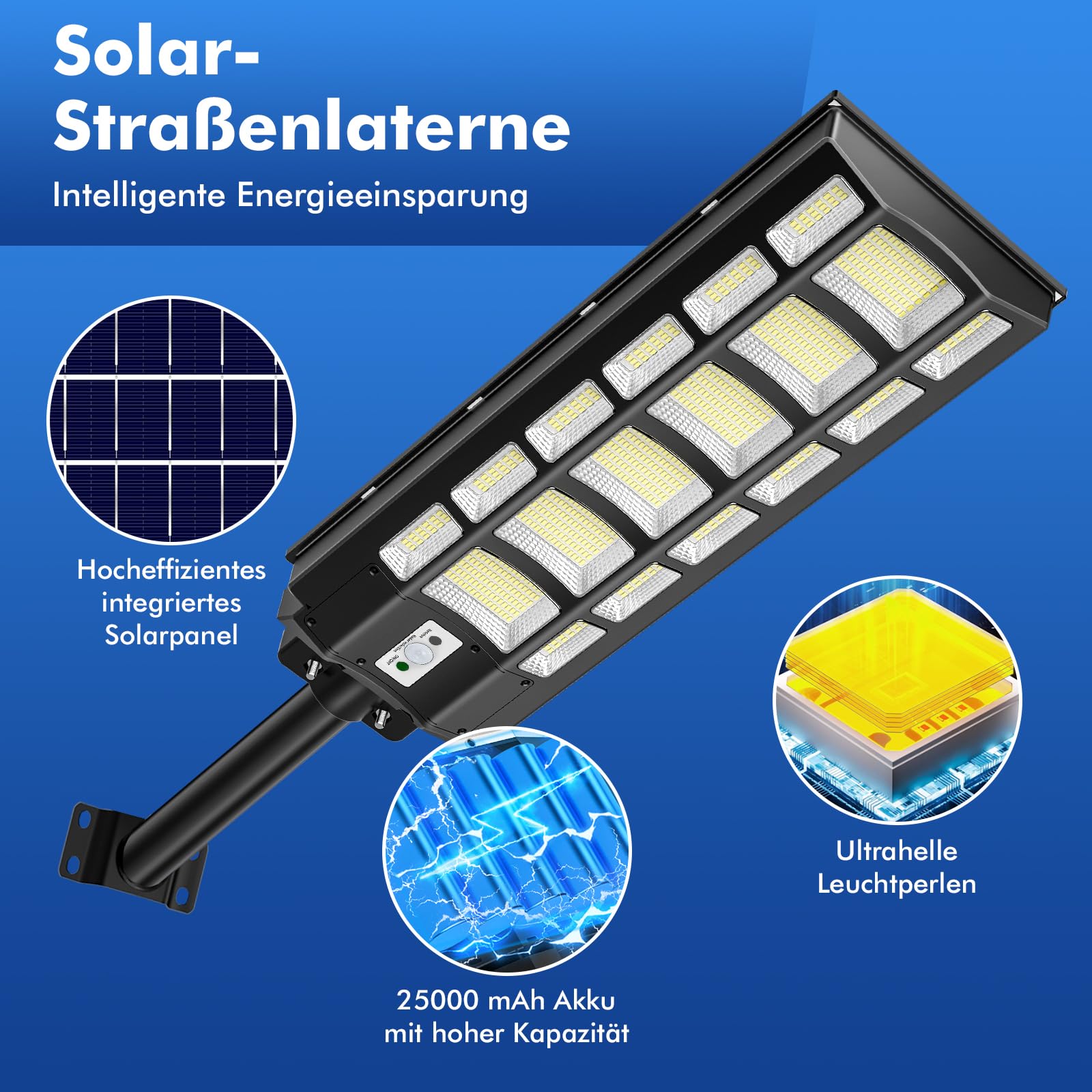 Viugreum 2000W Lampione Solare Led Esterno, 200000LM Lampione LED con Pannello Solare, 6500k Luci Solari, IP67 Impermeabile Lampioni Solari con Sensore di Movimento e Telecomando per Giardino Sentieri