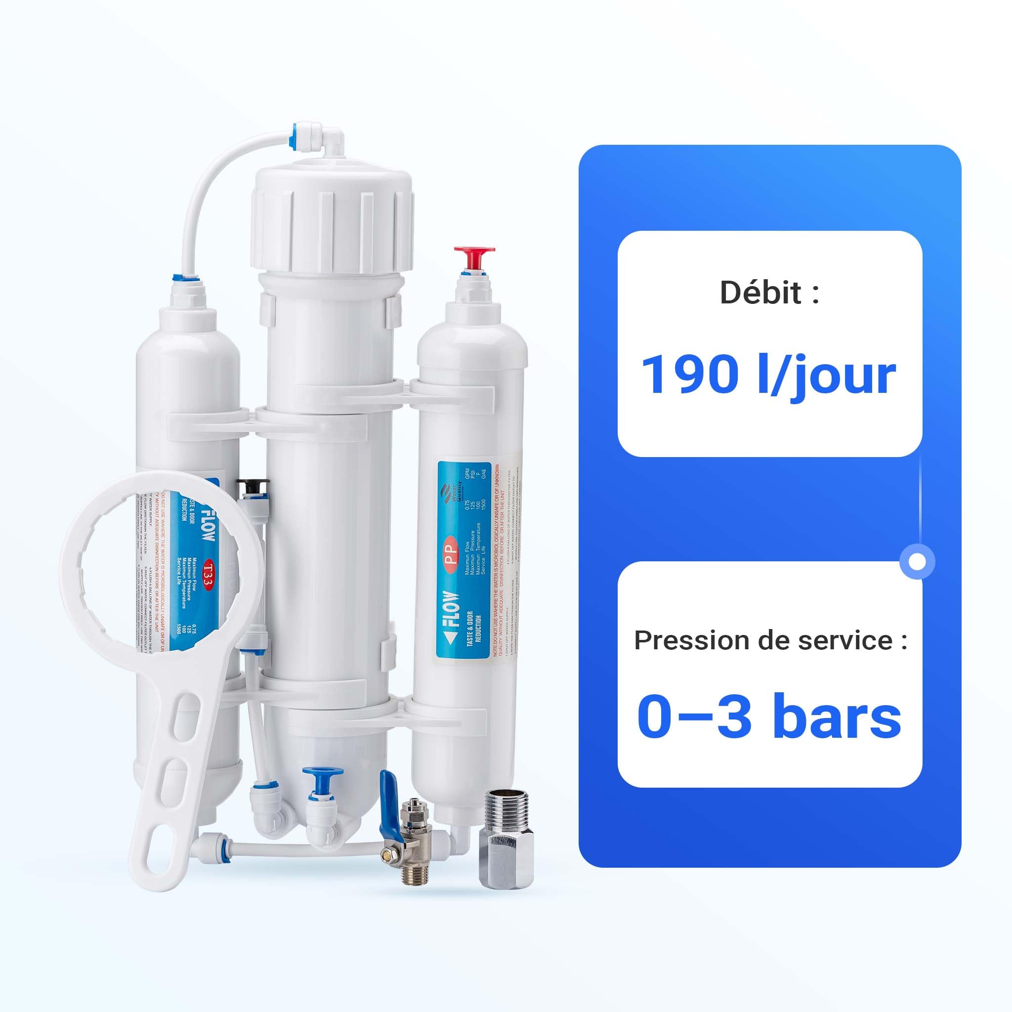 Naturewater NW-3RO-190 – Système d'Osmose Inverse (RO) à 3 étapes – 190 l/jour 50 GPD – Montage mural et sous évier – Osmoseur Filtration Purification Filtre à Eau potable robinet
