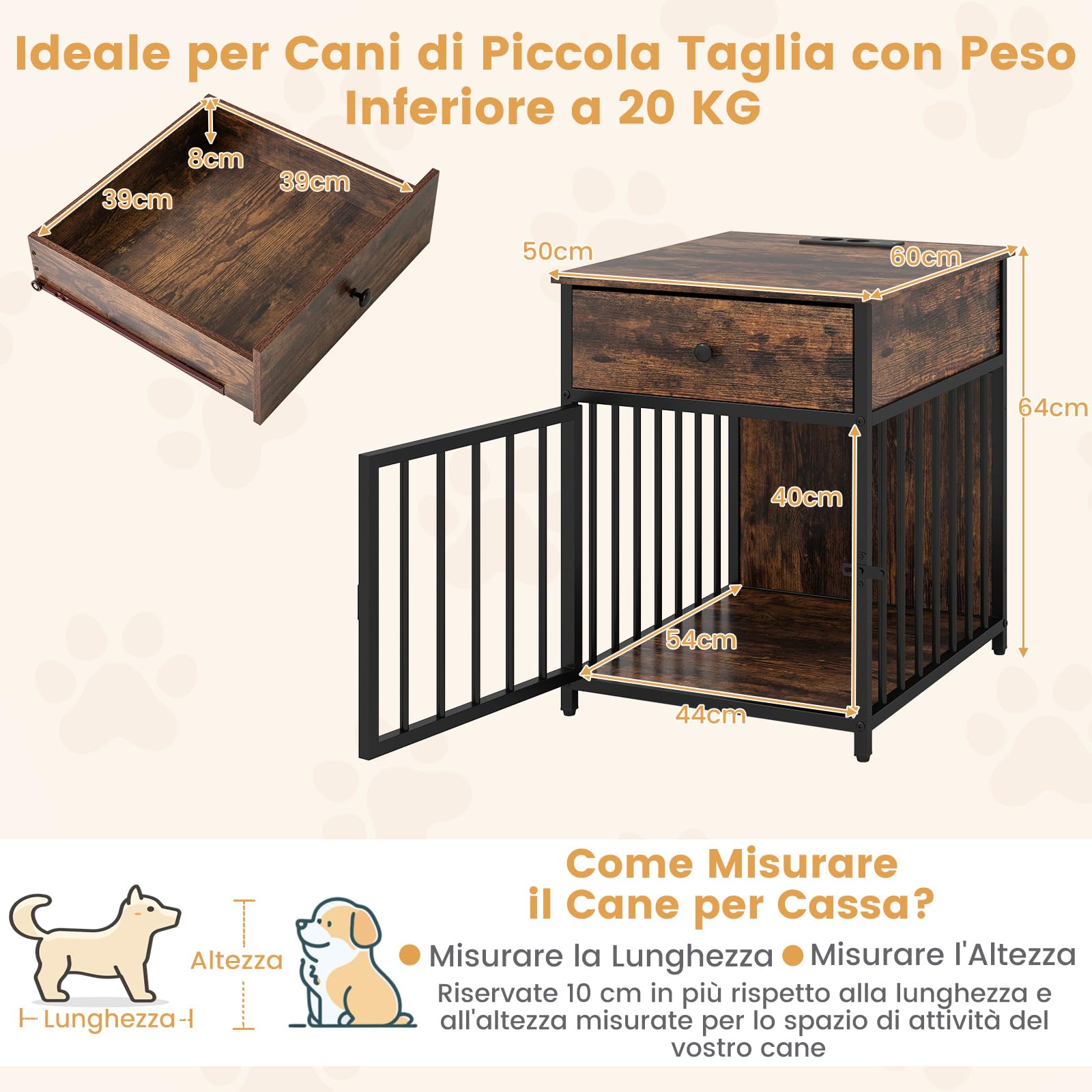 COSTWAY Gabbia per Cani con Stazione di Ricarica e Armadietto Multiuso | Cuccia per Cani in Legno con 2 Prese AC, 2 Porte USB e 1 Porta Type-C, Cassetto e Tubi Metallici, 81 x 37 x 115 cm