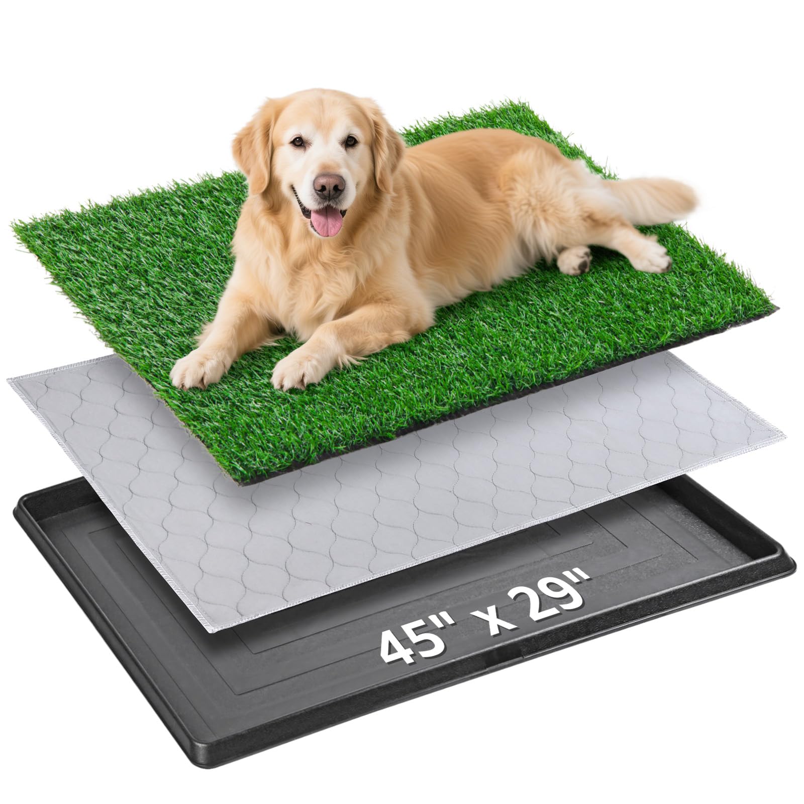 Dog Grass Pad with Tray, 45”×29” Large Dog Litter Boxes with Artificial Grass, Reusable Washable Pee Pads for Dogs, Indoor Outdoor Pet Toilet Puppy