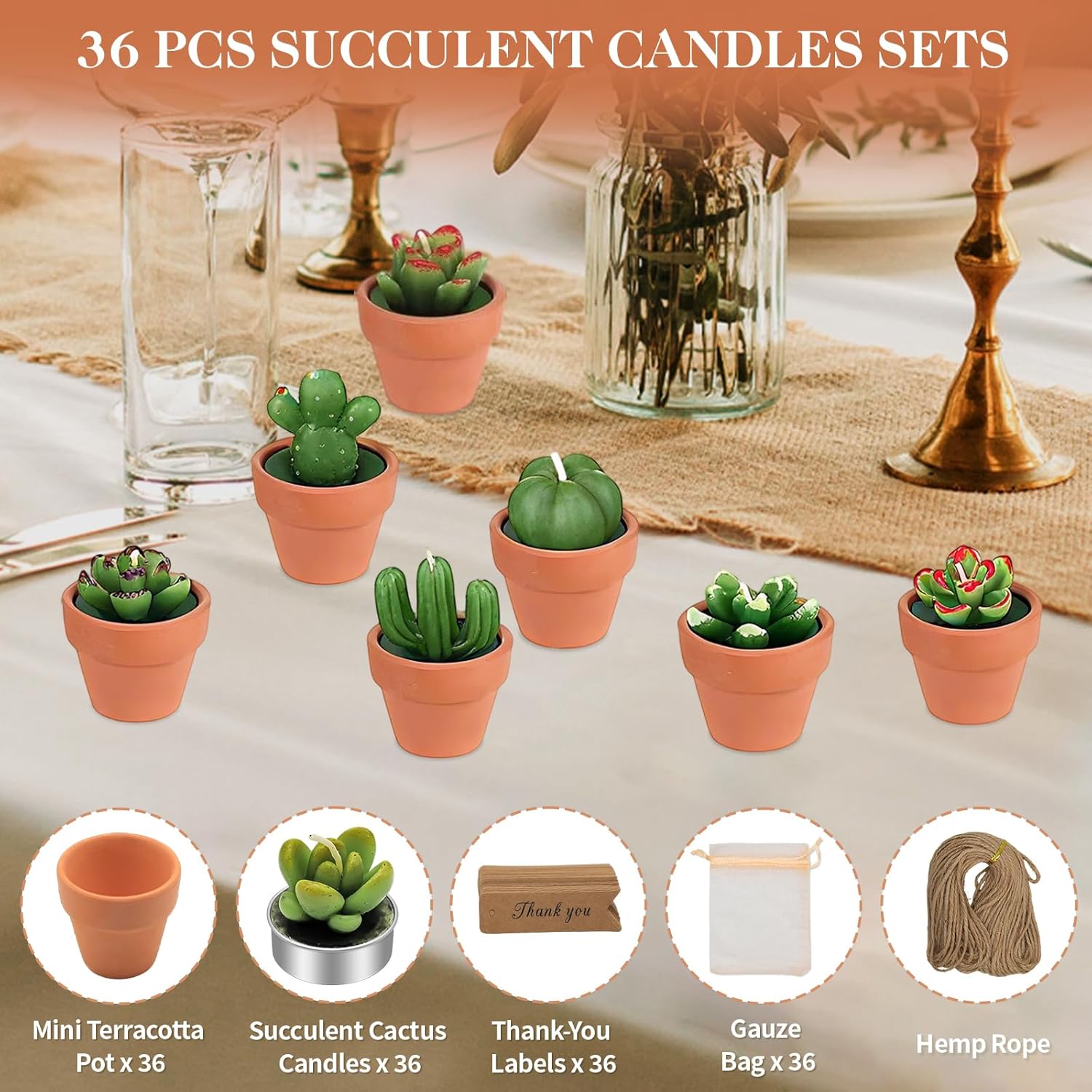 AZEAM 36 Pcs Succulent Candles Party Favors, Bulk Cactus Table Decor with Mini Terracotta Holders, Tiny Handmade Plant Tealights Candle Decoration for Shower Bridal Game Wedding Home Birthday
