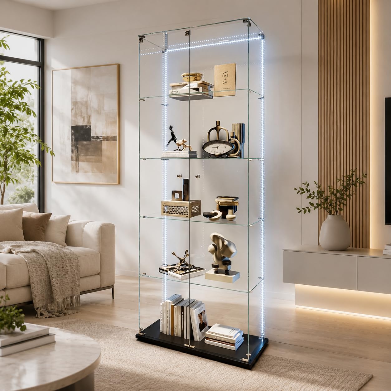 Szklana gablota z diodą LED, szafka prezentacyjna do kolekcji, 5-półkowe szklane gabloty, 2 przezroczyste drzwi stojąca szklanka, otwarta półka 78,5 x 34,5 x 186,5 cm (2 drzwi 5 warstw, czarny-4)