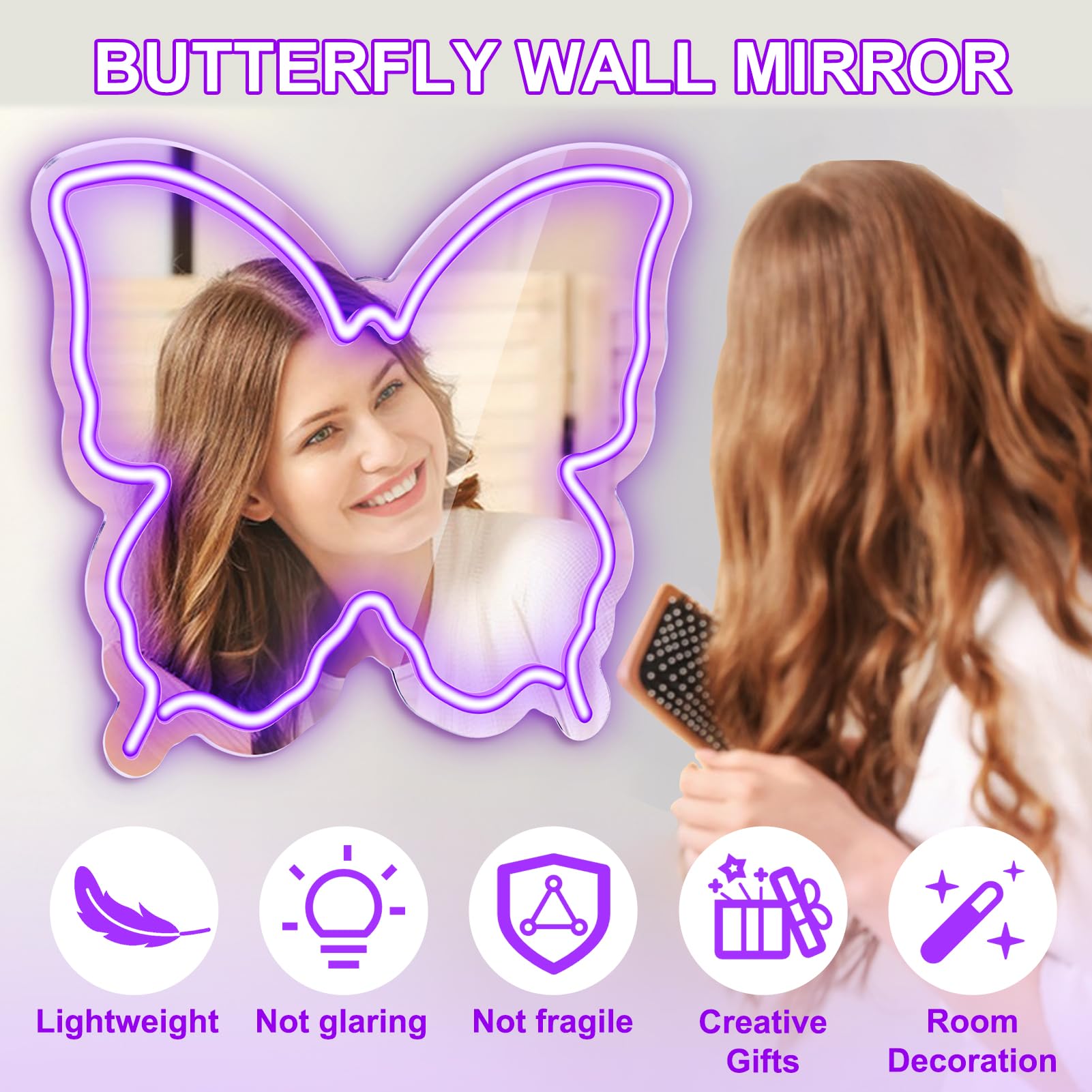 Butterfly Neon Signs Mirror Vanity, 15.75''x 12'' Cute Girls Purple Neon Light Adjustable Brightness - Image 2