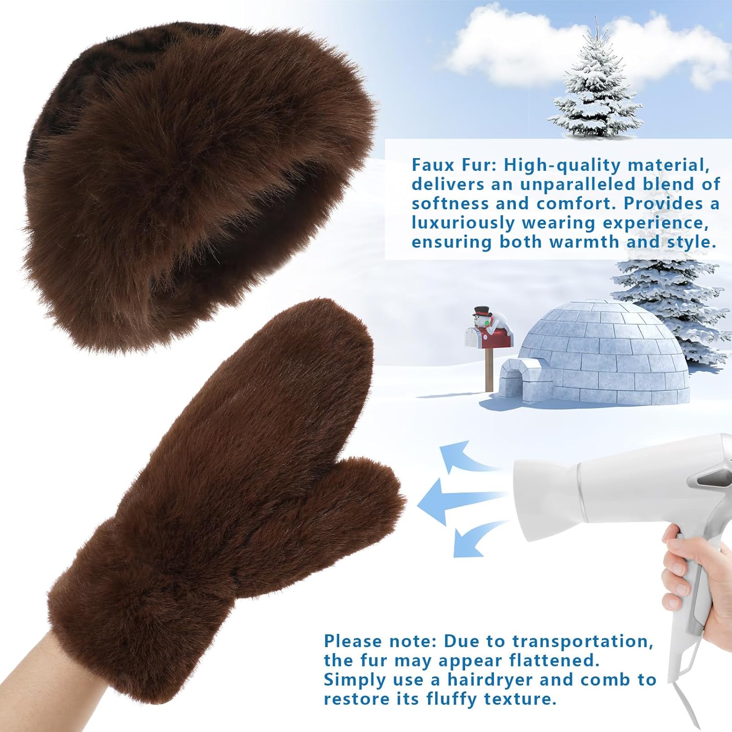 3 Pieces Faux Fur Bucket Hat Set Women, Winter Fluffy Fisherman Plush Warm Hats Warmer Bucket Hat Sherpa Lined Mittens Glove - Image 4