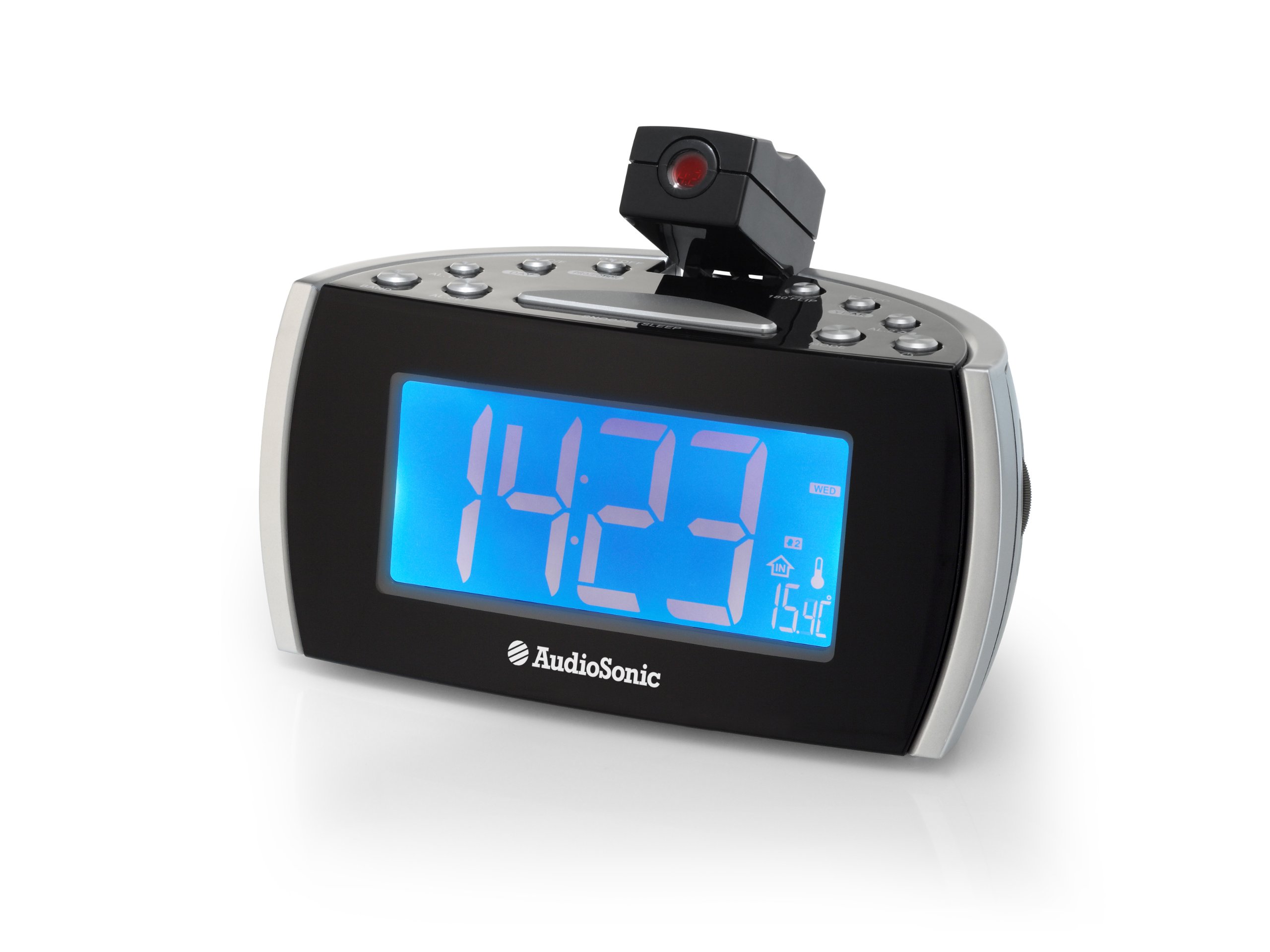 Врх view of the AudioSonic CL-1486 Alarm Clock Radio, showing all control buttons and the projection lens.