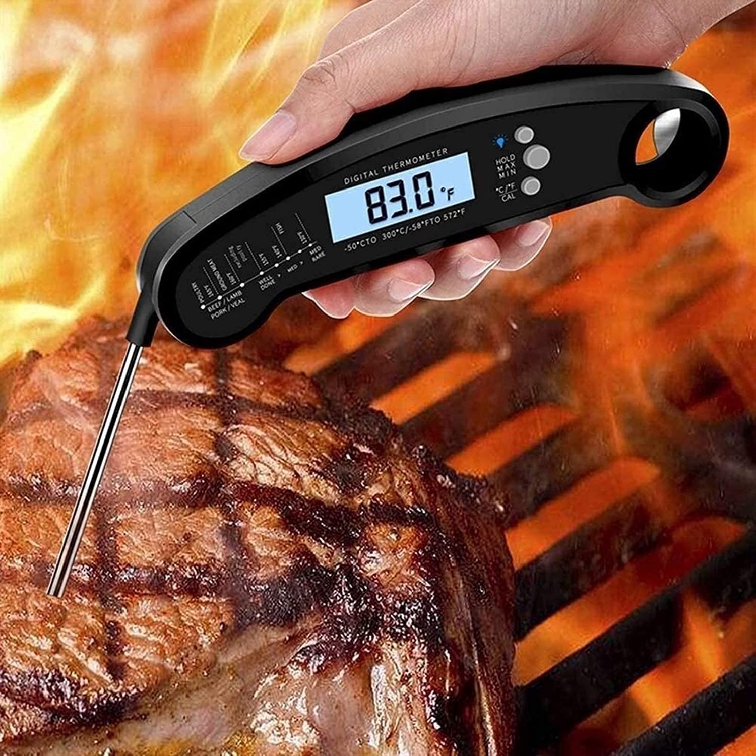 LIIAV Termómetro de carne de lectura instantánea for cocinar, termómetro de alimentos digitales rápidos y precisos con calibración de la luz de fondo y sonda plegable for freír, Barbacoa Parrilla y pa